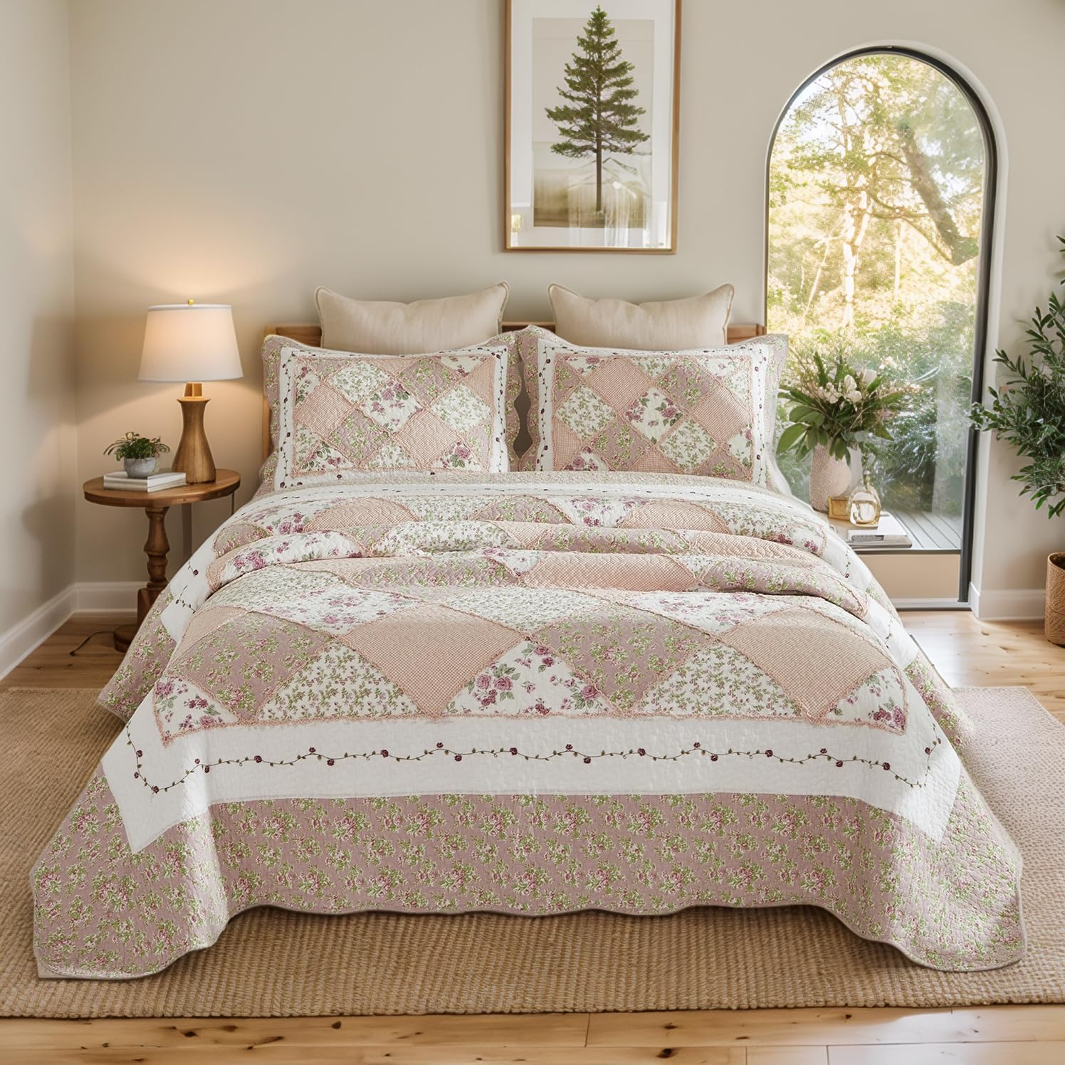 Brandream Queen Size Quilt Set Cotton Patchwork Quilts Blush Pink Cottage Floral Quilted Comforter Set 3-Piece