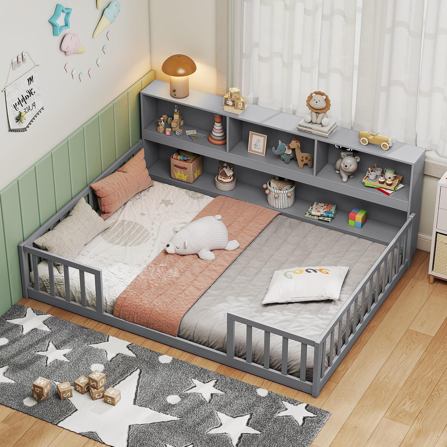 BECOMFORT Full Size Floor Bed for Kids, 2-in-1 Kids Wood Bed Frame with Bedside Bookcase & Safety Guardrails, Montessori Bed for Boys Girls