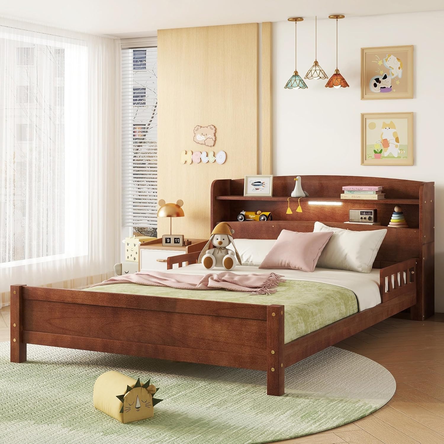 Full Size Bed Frame Kids with LED Motion Sensor Light & Guardrails, Full Size Kids Bed with Storage Bookcase, No Box Spring Needed, Easy Assembly, Walnut