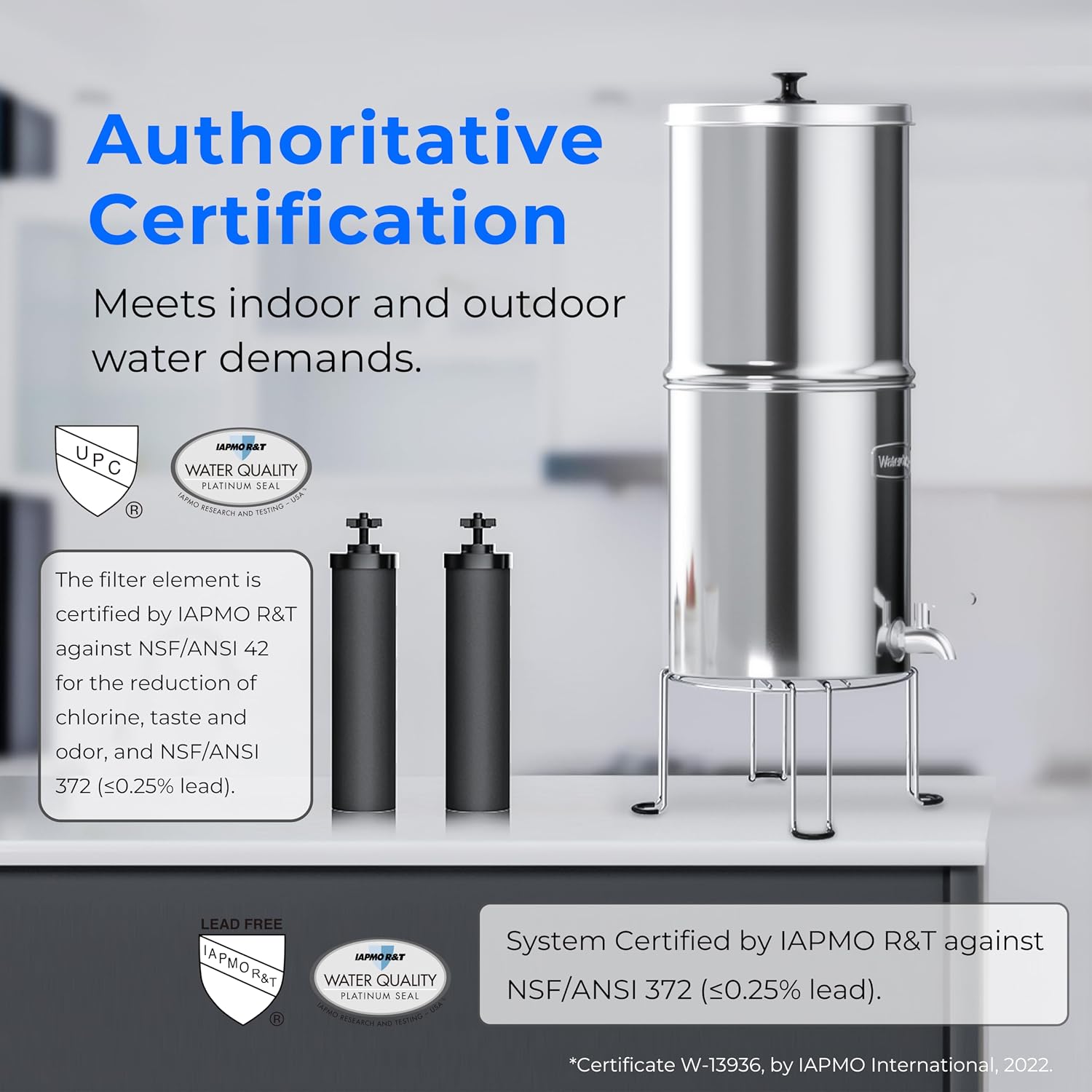 Waterdrop TK-A-FS Gravity Water Filter System, NSF/ANSI 42&372 Standard, Reduces Fluoride and Chlorine, Stainless-Steel Water System with 4 Filters and Metal Spigot for Home, 2.25G