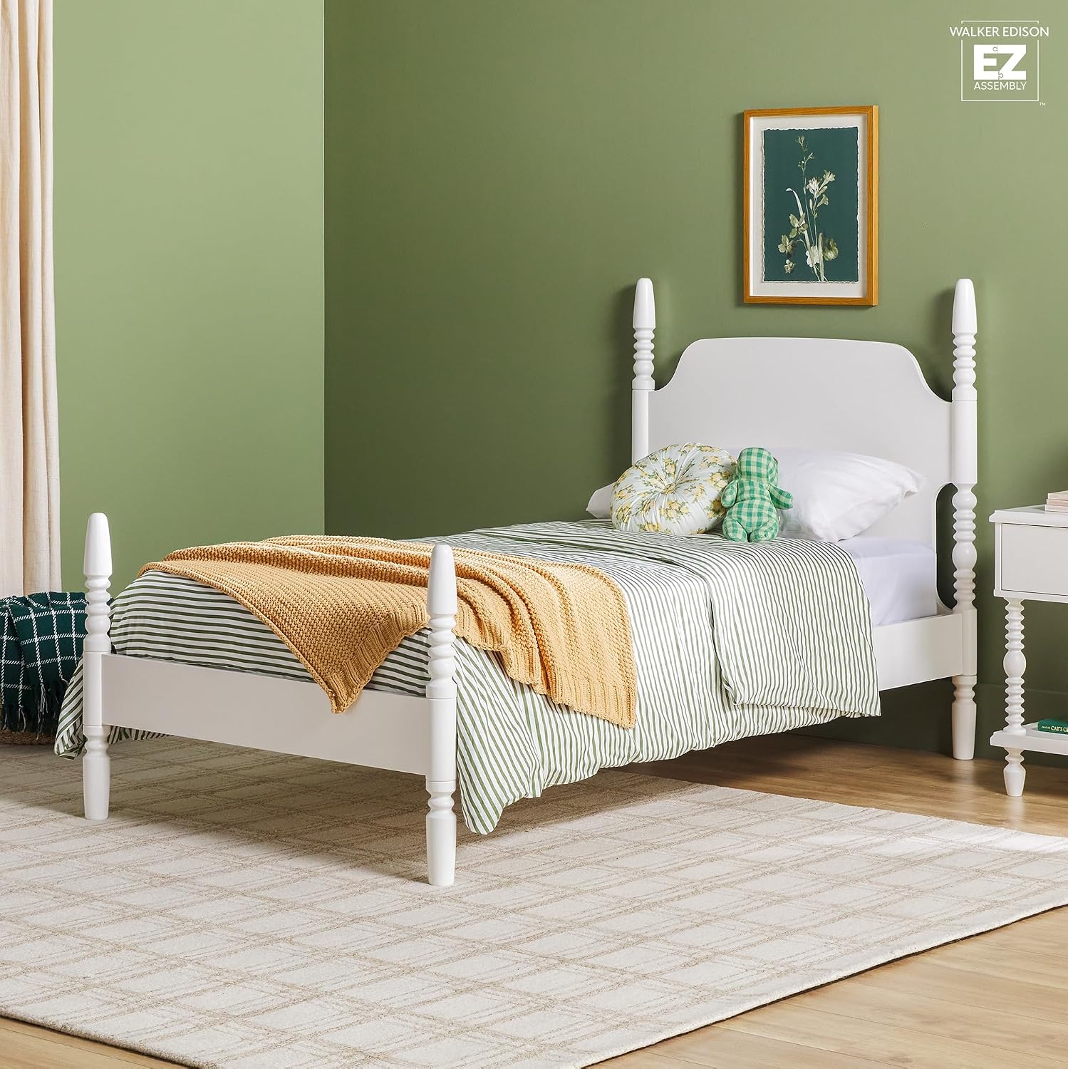 Walker Edison EZ Assembly Traditional Wood White Spindle Bed, Vintage Bed Frame, No Box Spring Required, Twin Bed Frame with Headboard, Twin Size, White