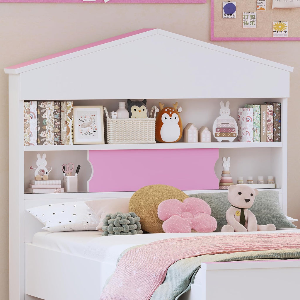 3 Pcs Bedroom Sets, Twin Size House Shaped Wooden Bed with Storage Drawers, Nightstand with Colorblock Design and House Shaped Stroage Rack, Pink+White