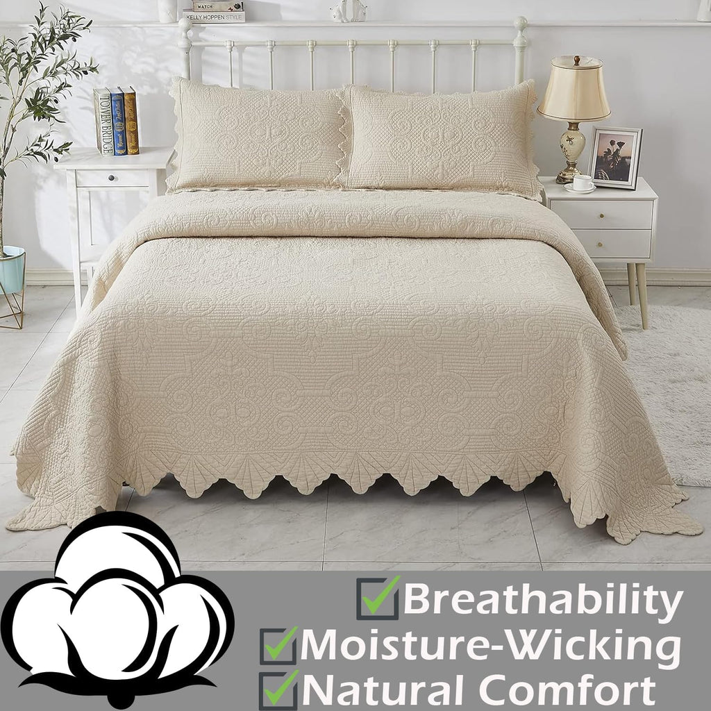 Brandream Heirloom Victorian Matelasse Quilt Set – 100% Pure High-Density Cotton with Intricate Embossed Medallions & Artisan Scalloped Edges (Vintage Beige, 3-Piece Queen)