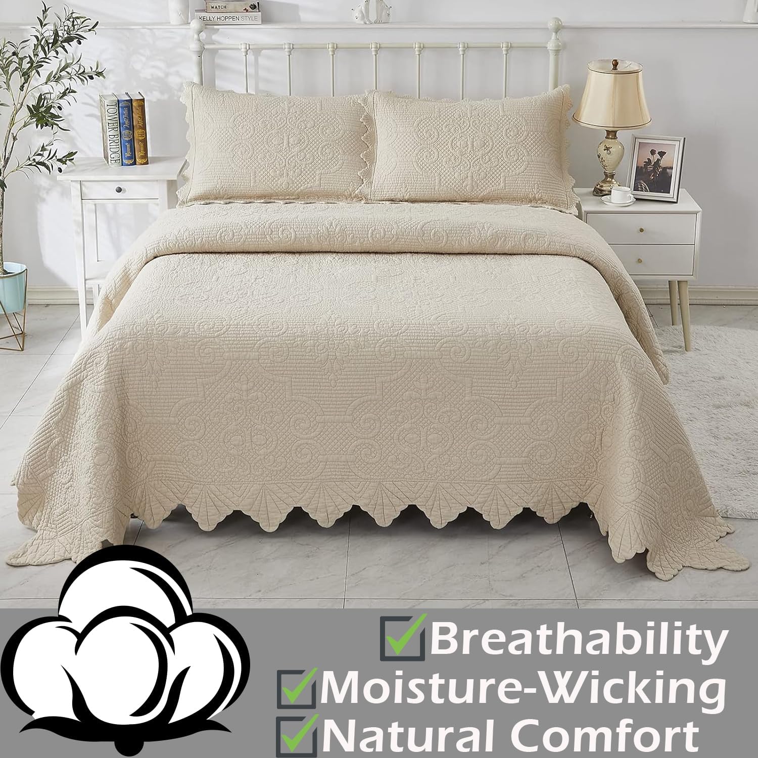 Brandream Heirloom Victorian Matelasse Quilt Set – 100% Pure High-Density Cotton with Intricate Embossed Medallions & Artisan Scalloped Edges (Vintage Beige, 3-Piece Queen)