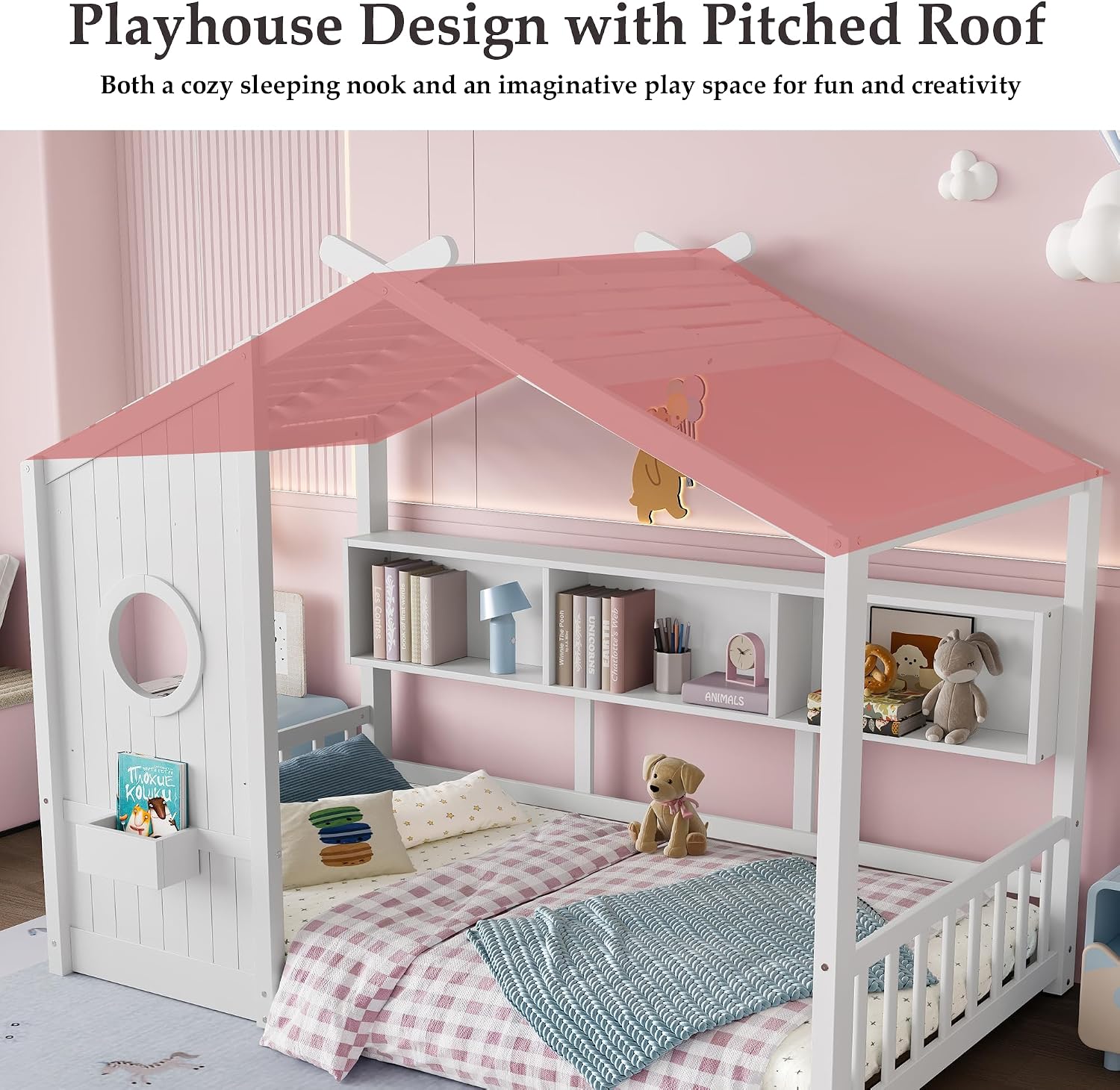 Twin Size Floor House Bed with Roof & Window for Kids,Kids Montessori Floor Bed with Storage Shelves,Cute Playhouse Bed Frame for Girls Boys,Wood House Bed No Box Spring Needed,Can be Decorated,White