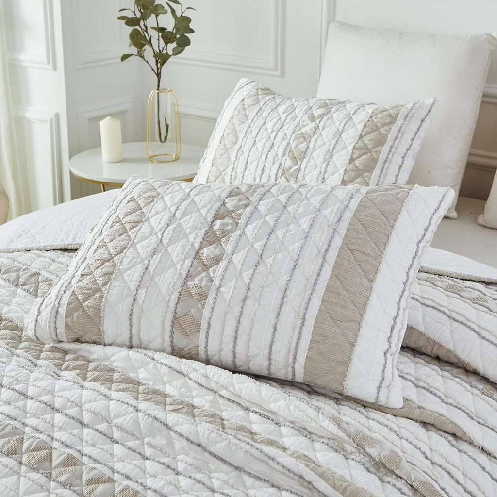 Brandream Queen Size Quilt Set Cotton Blend Farmhouse Patchwork Quilts White Beige Striped Quilts Waffle Quilted Comforter Set 3-Piece