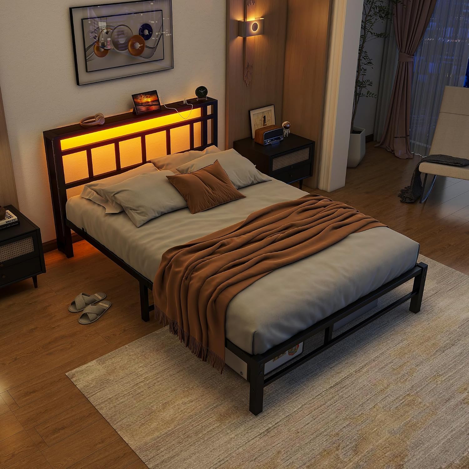 Full Size Bed Frame with Headboard,LED Light and Charging Station with Wood Shelves,Metal Platform Bed with Heavy Duty Slats Support,No Box Spring Needed,Easy Assembly,Noise Free,Black