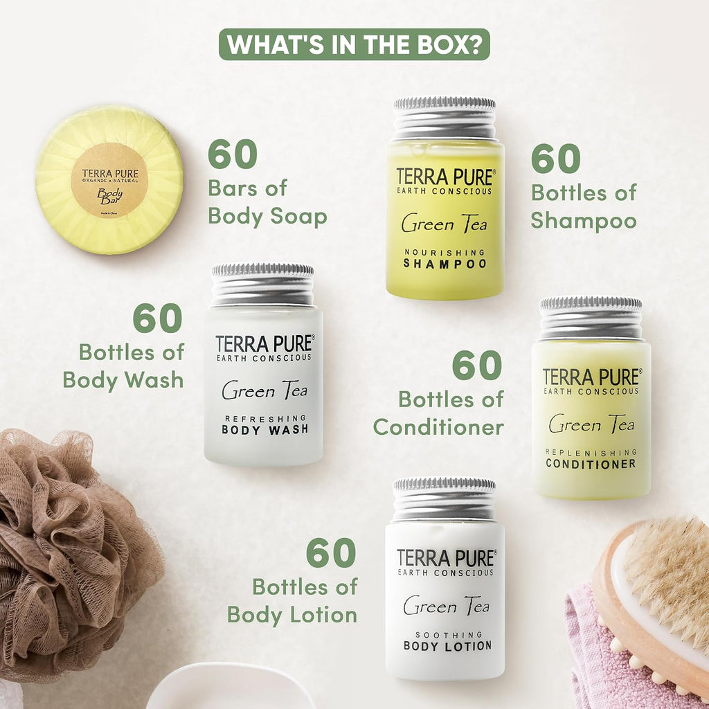 Terra Pure Hotel Soaps & Toiletries Bulk Set | 1-Shoppe Amenities Kit | 1oz Shampoo & Conditioner, Body Wash, Lotion, 1.25oz Bar Soap | Travel Size | 300 Pieces