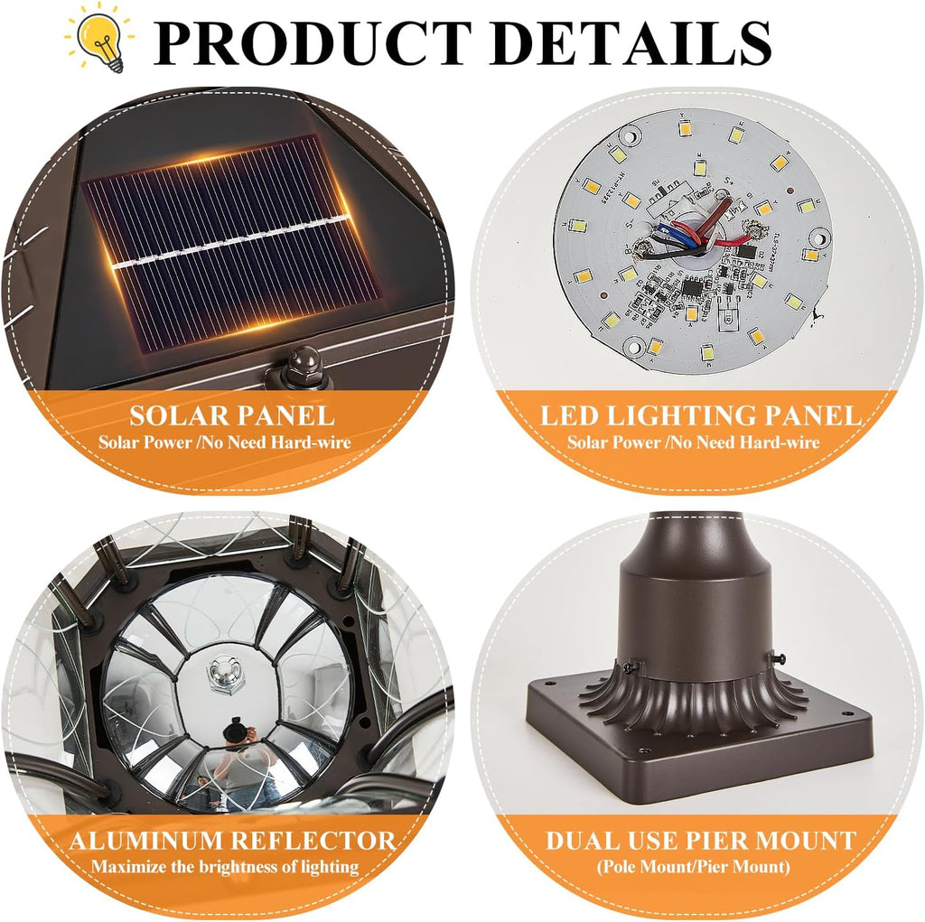 Dusk to Dawn Solar Outdoor Post Lights, Brown Outside Pillar Lights with Pier Mount Base, Waterproof Aluminum Solar Pole Lamps Head with Patterned Glass for Yard, Path, Garden
