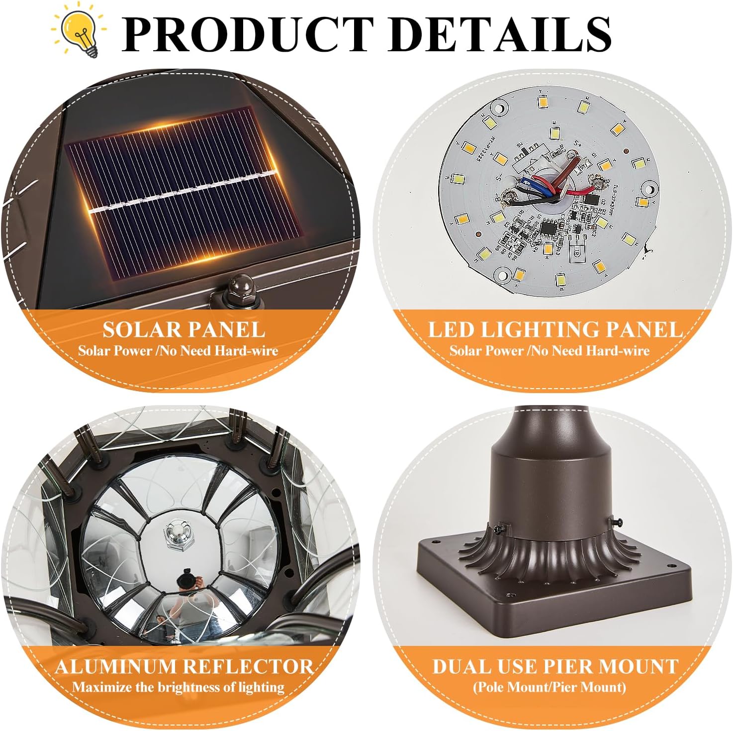 Dusk to Dawn Solar Outdoor Post Lights, Brown Outside Pillar Lights with Pier Mount Base, Waterproof Aluminum Solar Pole Lamps Head with Patterned Glass for Yard, Path, Garden