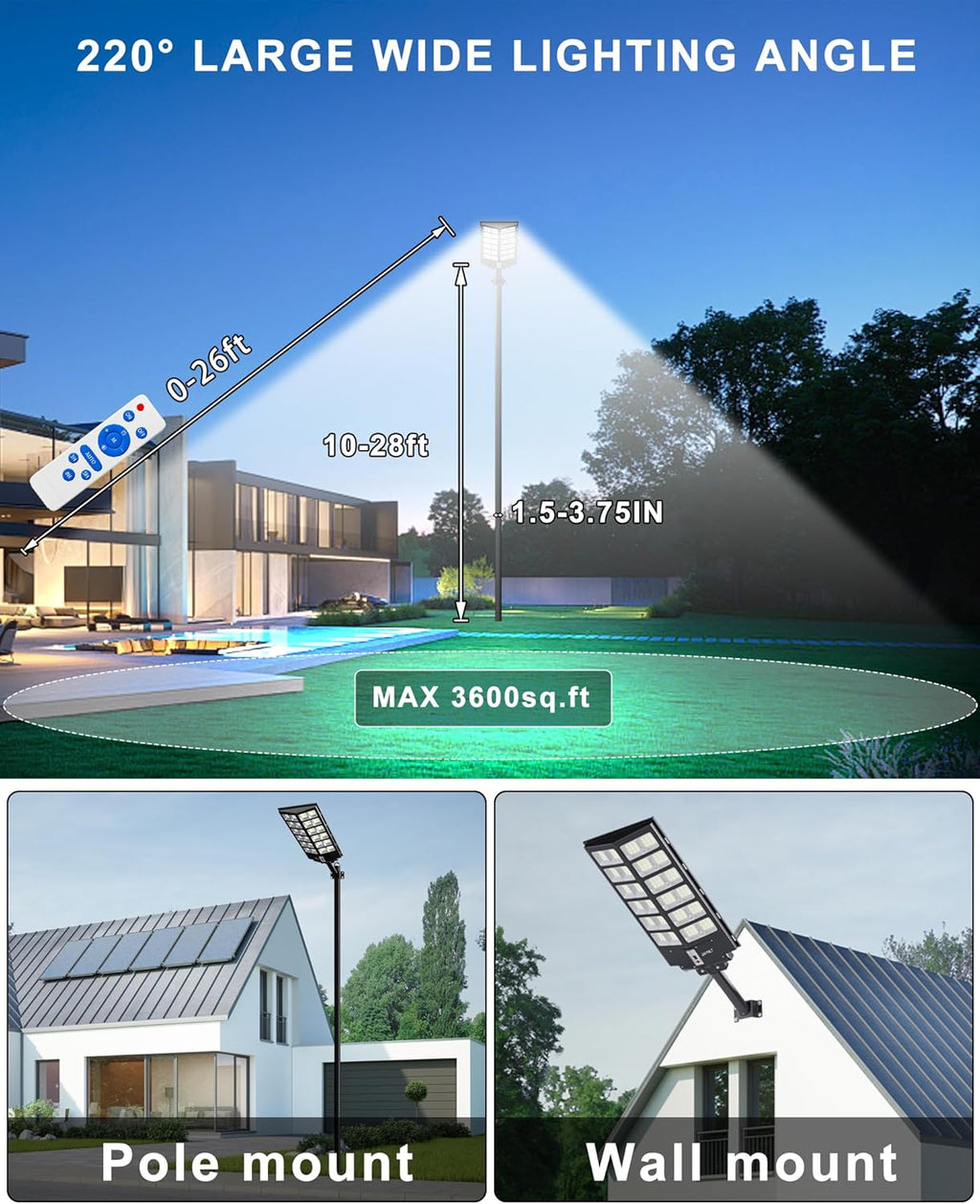 JAYNLT Y-9800W Solar Street Lights Outdoor,6500K Commercial Parking Lot Lights Dusk to Dawn, Waterproof Solar Security Flood Lamps with Motion Sensor and Remote for Yard, Garage, Driveway