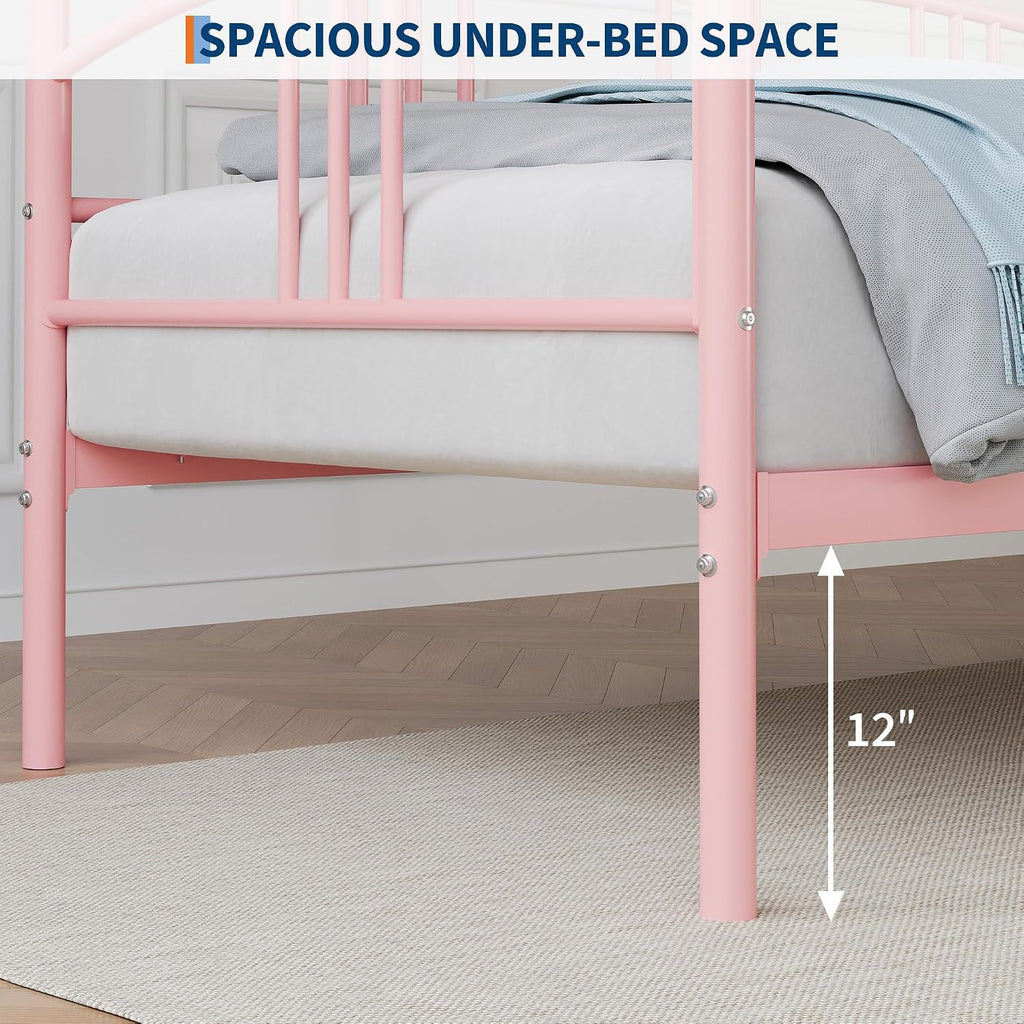 GarveeHome Daybed with Trundle, Sturdy Metal Day Bed with Steel Slat Support, Trundle Bed Twin with Arched Headboard, SofaBed for Living Room, Bedroom and Guest Room, Pink