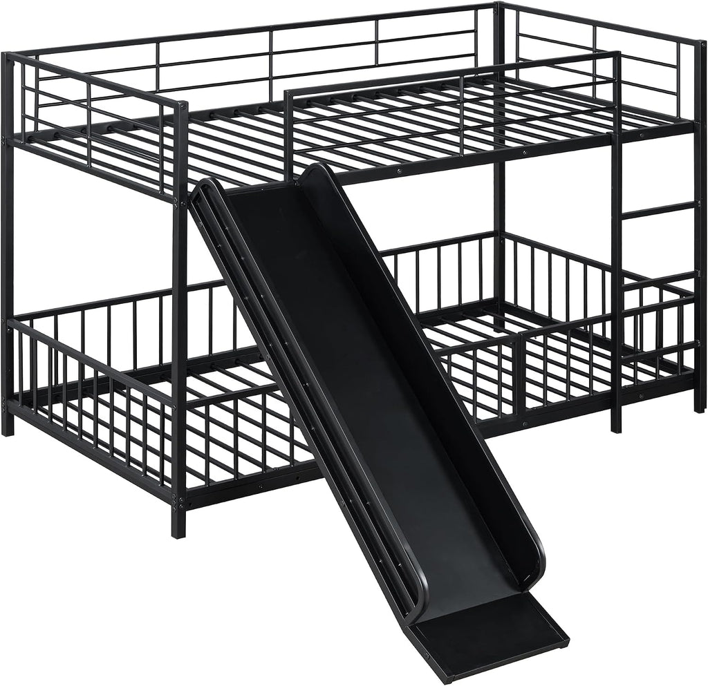 JIVOIT Metal Bunk Bed Frame with Slide and Ladder, Twin Over Twin Size Bunk Bed with Metal Slats Support, Heavy Duty Metal Low Bunk Bed, No Box Spring Needed (Black,Twin,09)
