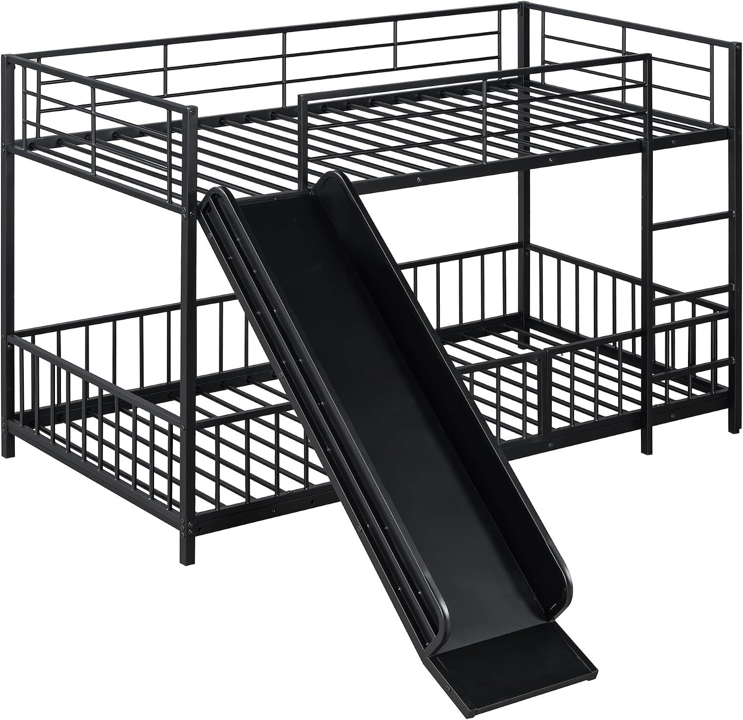 JIVOIT Metal Bunk Bed Frame with Slide and Ladder, Twin Over Twin Size Bunk Bed with Metal Slats Support, Heavy Duty Metal Low Bunk Bed, No Box Spring Needed (Black,Twin,09)