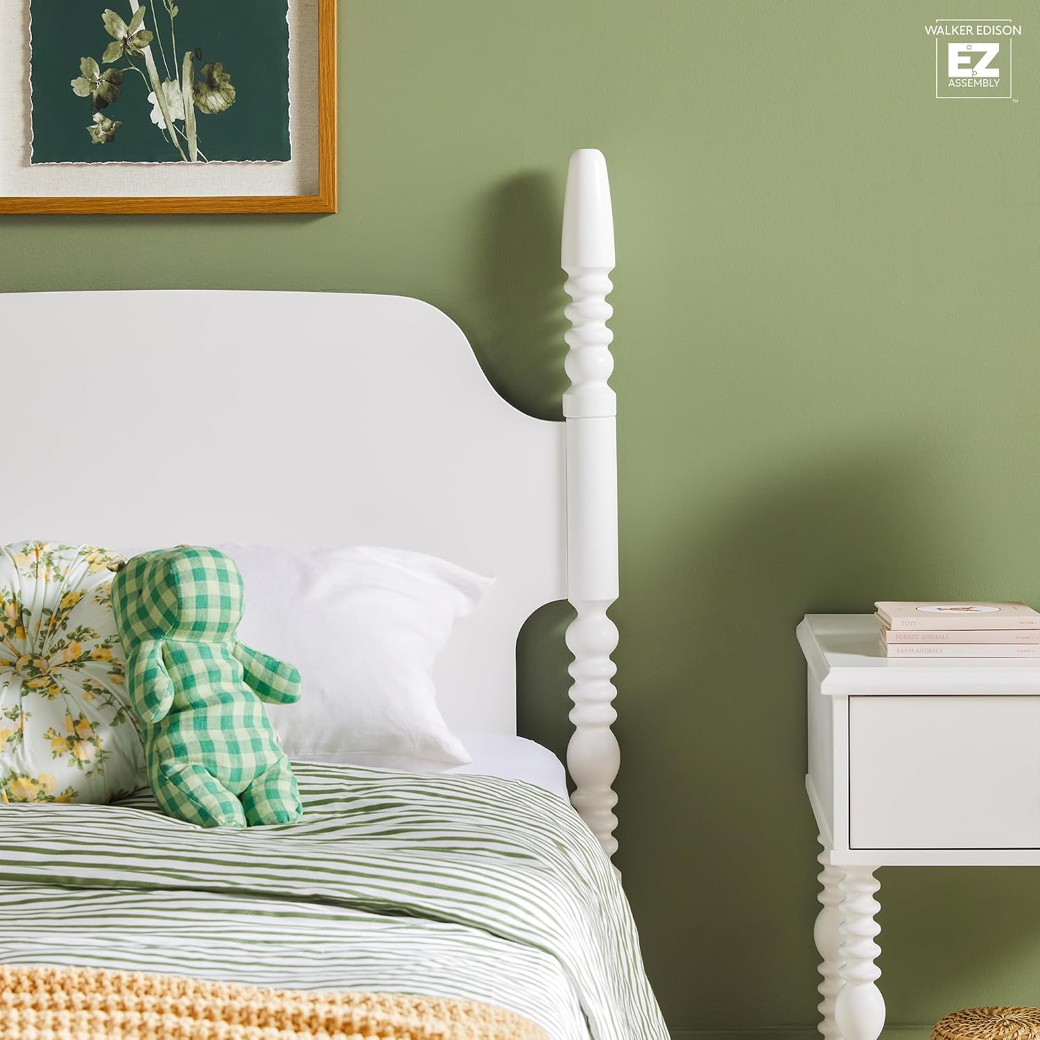 Walker Edison EZ Assembly Traditional Wood White Spindle Bed, Vintage Bed Frame, No Box Spring Required, Twin Bed Frame with Headboard, Twin Size, White