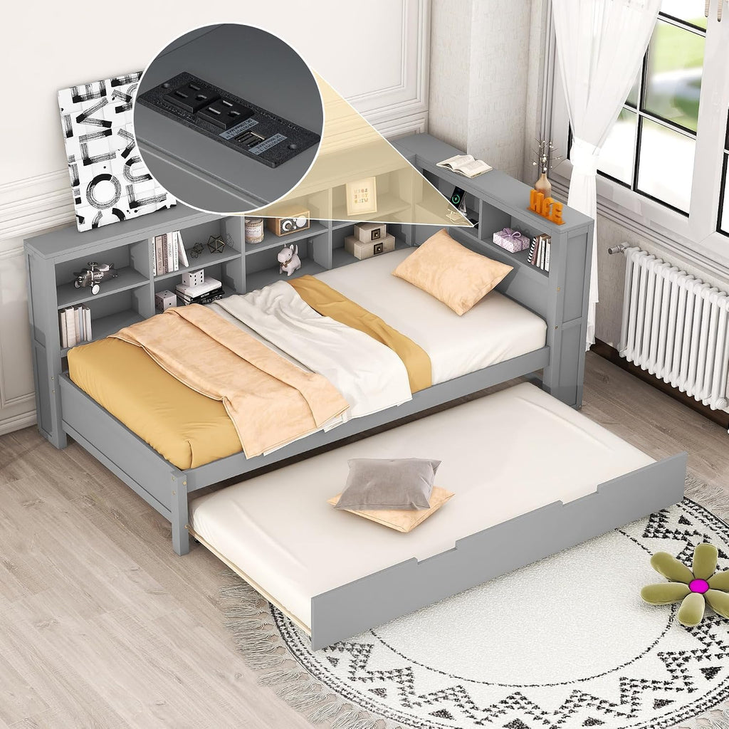 Modern Twin Size Daybed with Trundle, Solid Wood Captain Platform Bed with Storage Cabinets and USB Ports, Low Floor Bed for Kids Teens Adult Bedroom, Easy Assembly (Gray-XX115)