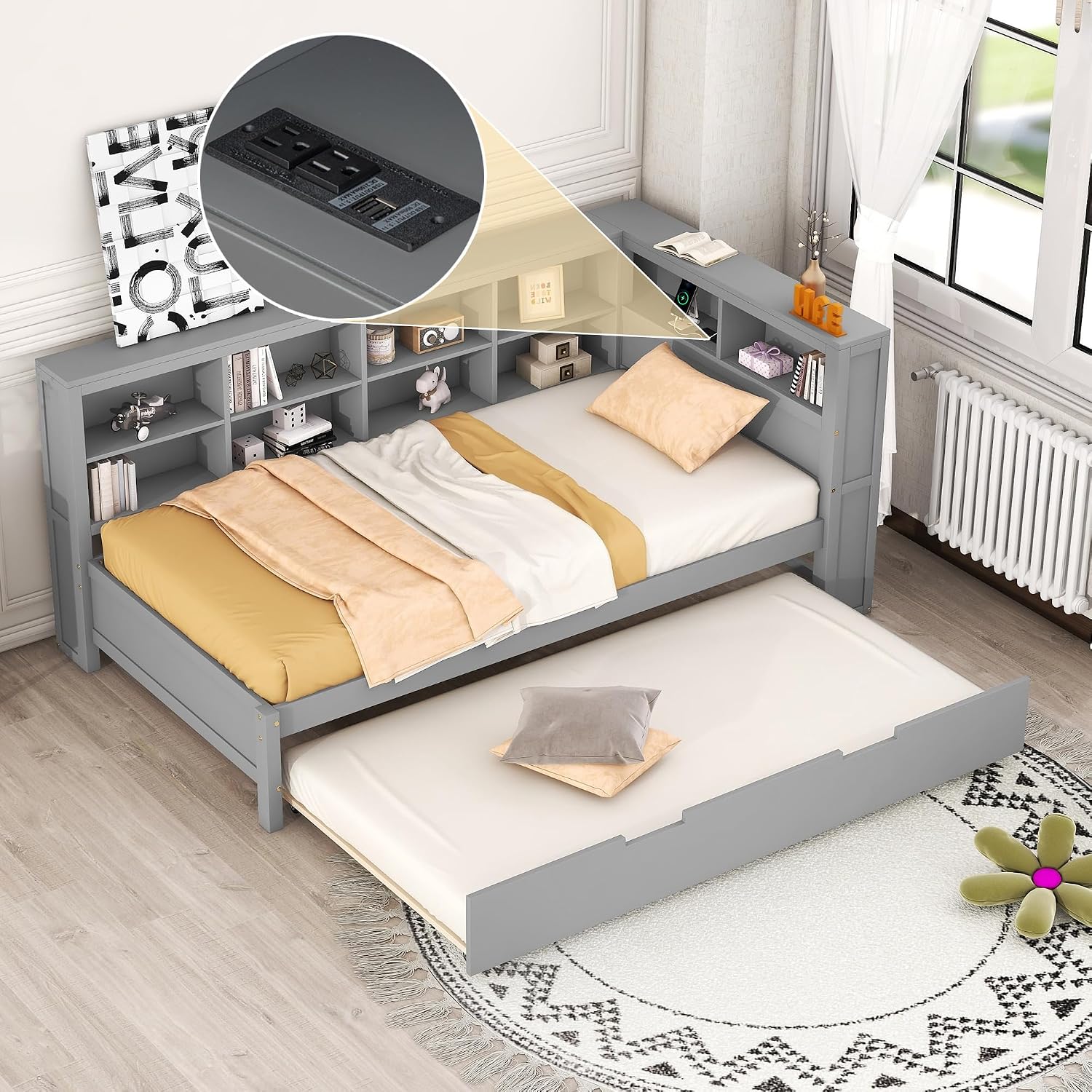 Modern Twin Size Daybed with Trundle, Solid Wood Captain Platform Bed with Storage Cabinets and USB Ports, Low Floor Bed for Kids Teens Adult Bedroom, Easy Assembly (Gray-XX115)
