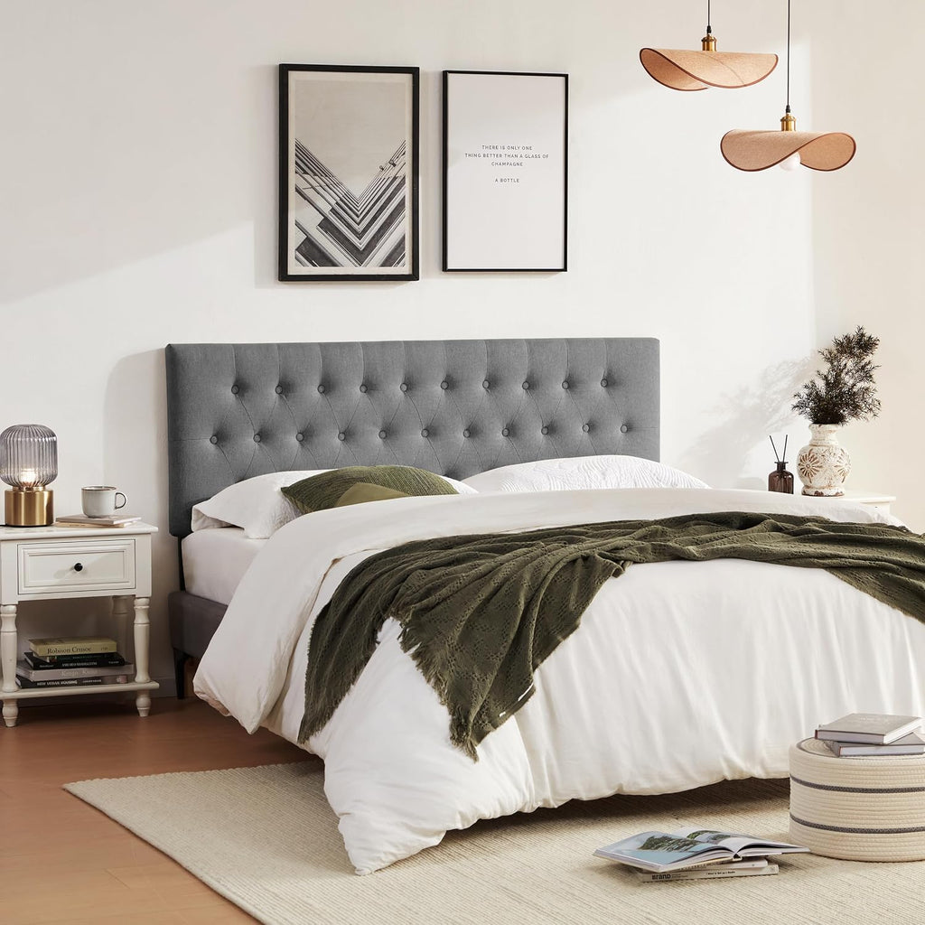 Huatean Home Tufted Upholstered Headboard California King Size, Solid Wood Head Board with Durable Metal Legs, Adjustable Height Bed headboard from 37' to 51' Fabric Headboard in Button Design, Grey