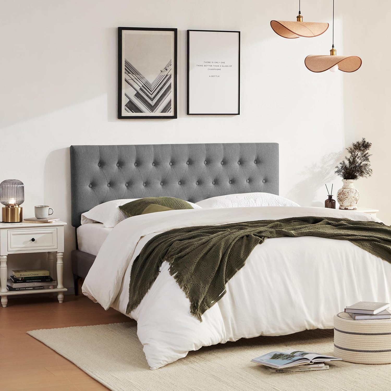 Huatean Home Tufted Upholstered Headboard California King Size, Solid Wood Head Board with Durable Metal Legs, Adjustable Height Bed headboard from 37' to 51' Fabric Headboard in Button Design, Grey