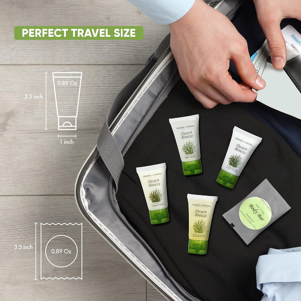 Travel Size Hotel Toiletry Set 150 Count 1 oz Bottles Guest Amenities for Vacation Rentals and Short Term Rentals Paraben Free Green Tea Lemongrass Scent Infused with Aloe and Olive Oil |Desert Breeze