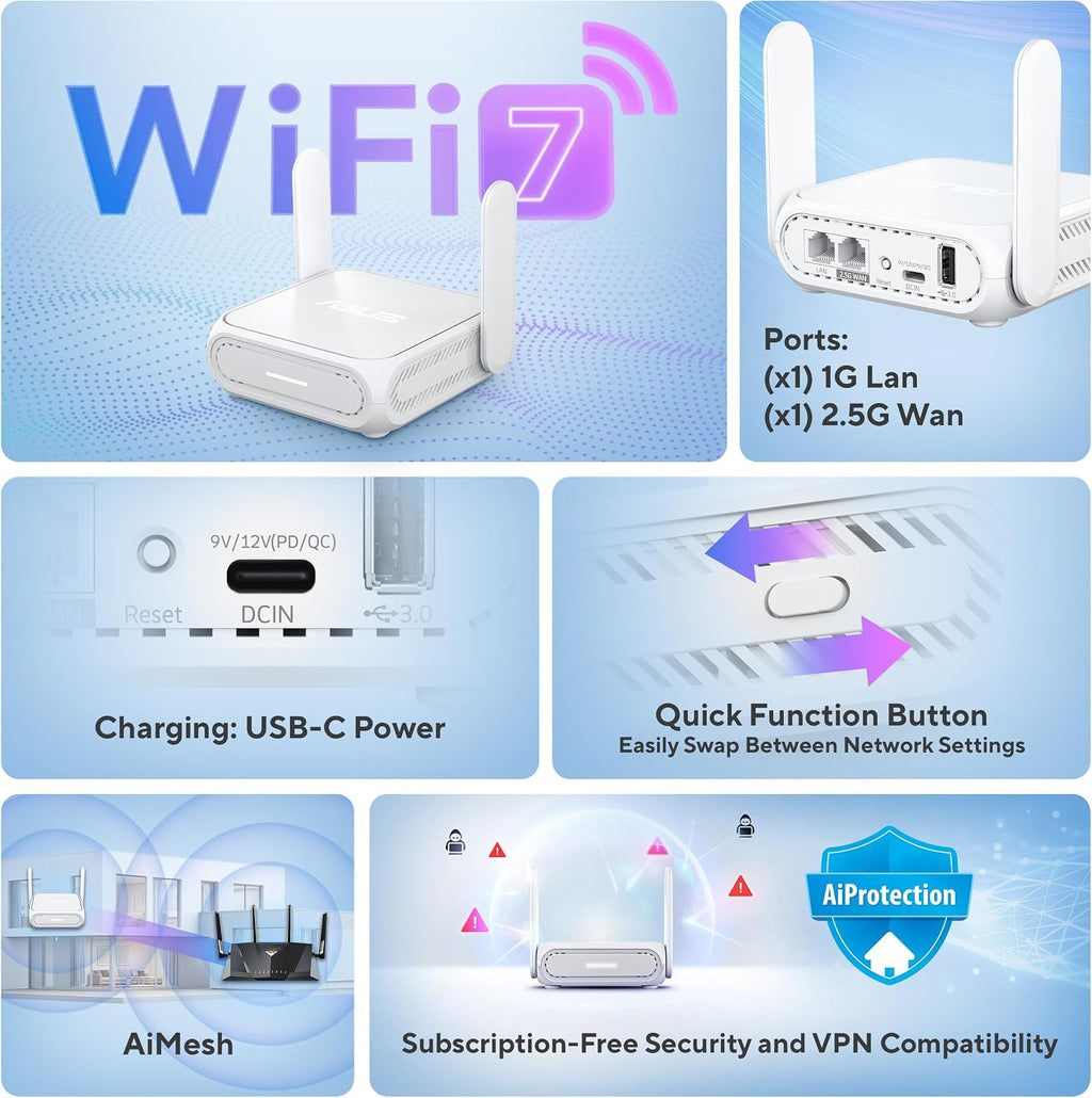 ASUS RT-BE58 Go Portable Mini Travel Router - WiFi 7, Dual-Band, 2.5G Port, Up to 3.6Gbps Wireless, Secure Public WiFi, Mobile Tethering, Mesh Compatible, USB-C Power,RV/Cruise/Hotel/Mobile