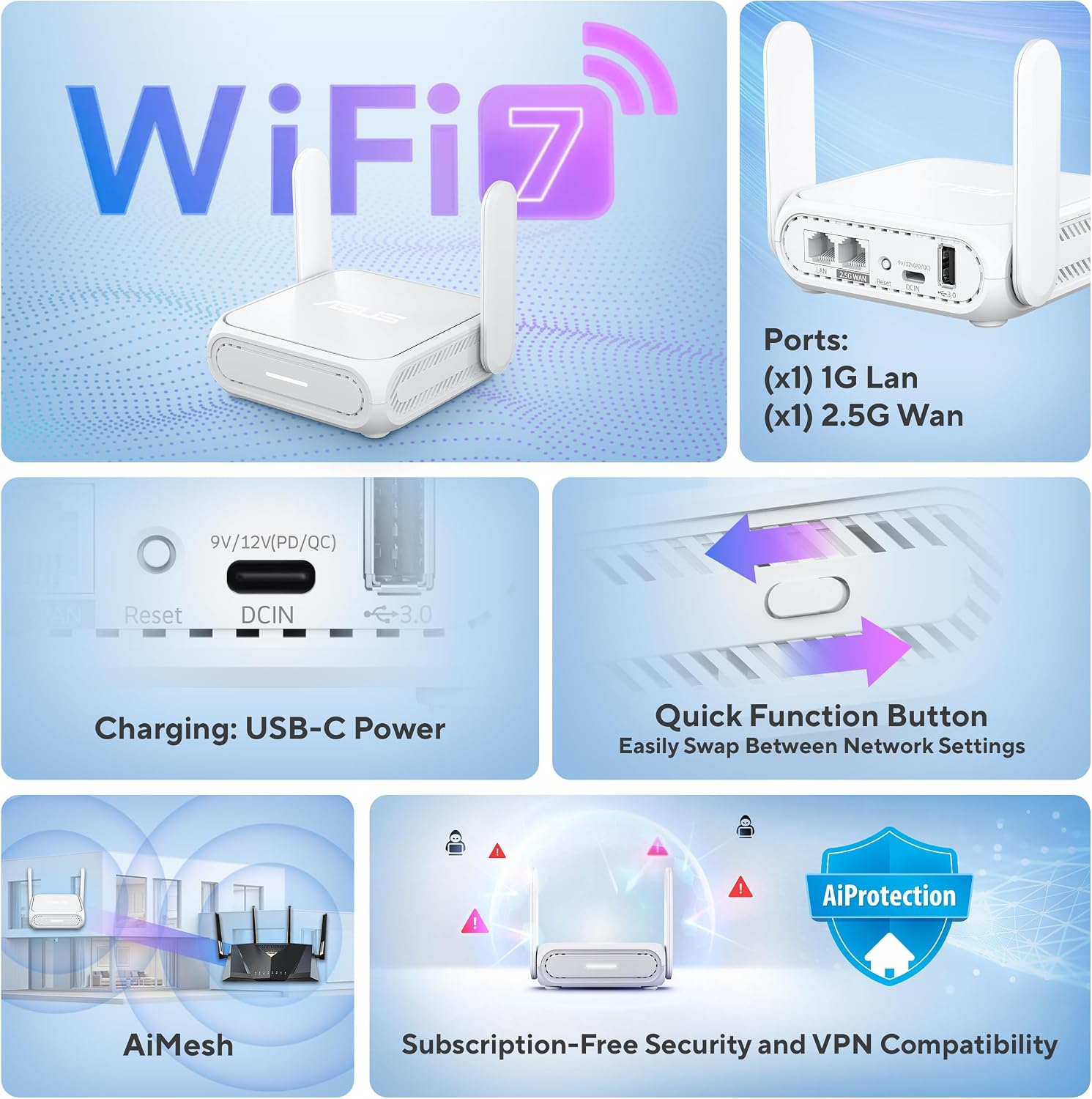 ASUS RT-BE58 Go Portable Mini Travel Router - WiFi 7, Dual-Band, 2.5G Port, Up to 3.6Gbps Wireless, Secure Public WiFi, Mobile Tethering, Mesh Compatible, USB-C Power,RV/Cruise/Hotel/Mobile