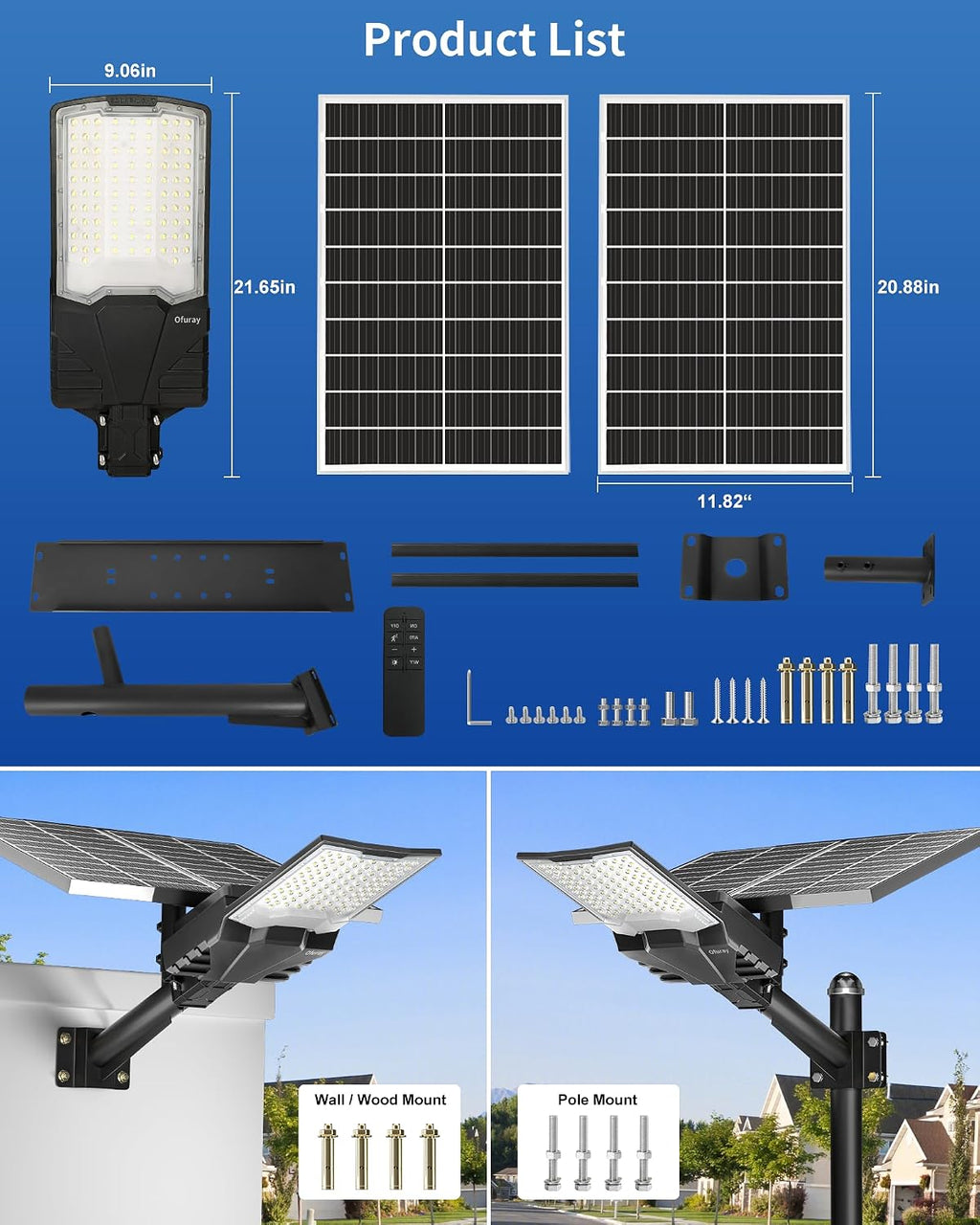 Ofuray OL-8000W Solar Street Lights Outdoor,Ultra High Power Solar Security Flood Lights Parking Lot Lights Commercial Dusk to Dawn,IP67 6500k Led with Remote for Street,Court,Barn