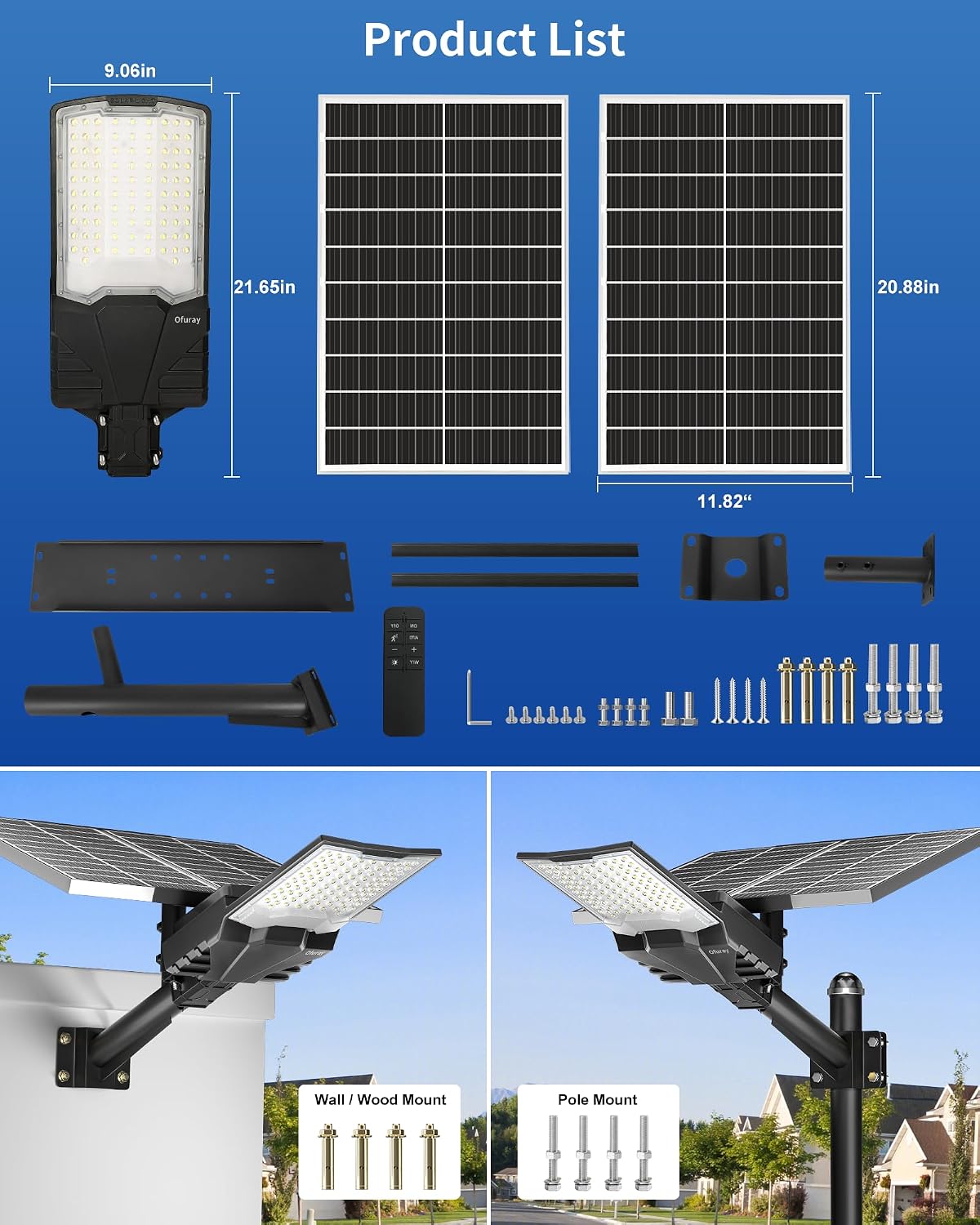 Ofuray OL-8000W Solar Street Lights Outdoor,Ultra High Power Solar Security Flood Lights Parking Lot Lights Commercial Dusk to Dawn,IP67 6500k Led with Remote for Street,Court,Barn