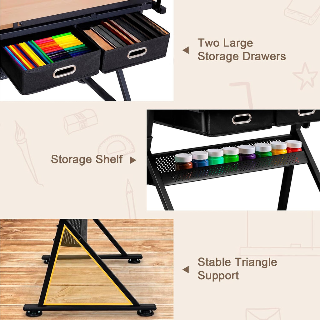 ZENY Adjustable Drafting Table with Stool, Tilting Drawing Desk Artist Table with Storage Drawers, Art Craft Workstation for Home Office Reading, Writing, Crafting (Brown-with Outlet)