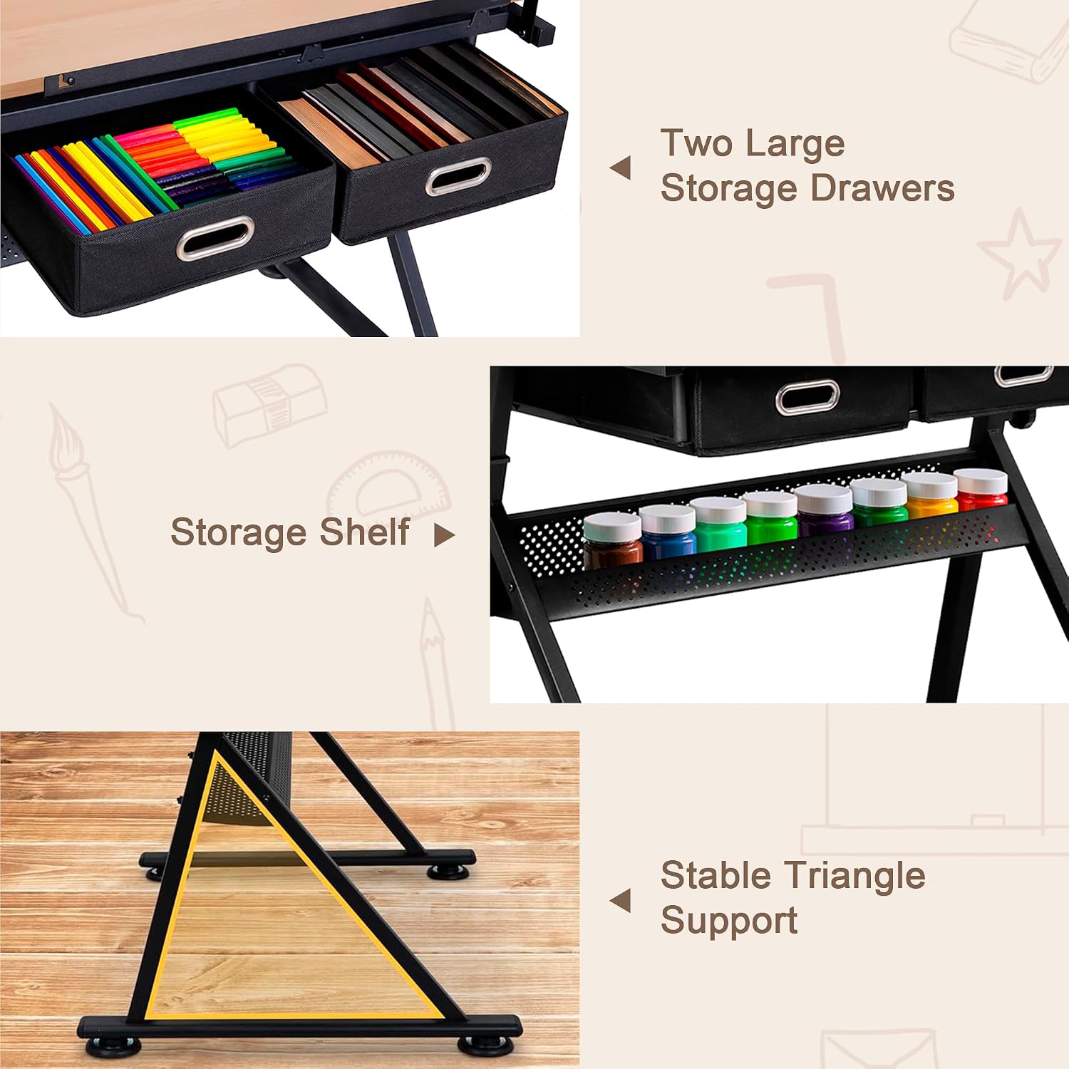 ZENY Adjustable Drafting Table with Stool, Tilting Drawing Desk Artist Table with Storage Drawers, Art Craft Workstation for Home Office Reading, Writing, Crafting (Brown-with Outlet)