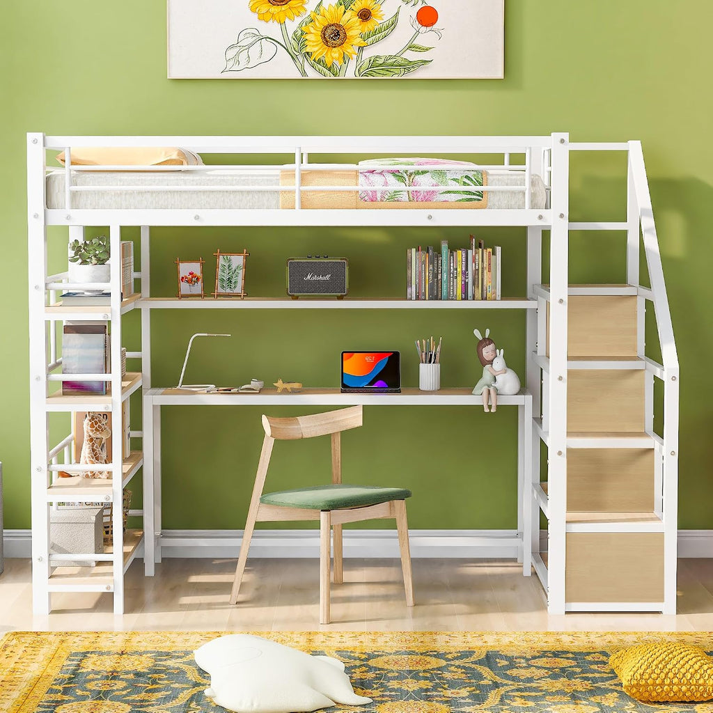 JIVOIT Metal Loft Bed with Storage Staircase, Twin Size Loft Bed with Built-in Desk and 3-Tier Storage Shelves, Space-Saving 3 in 1 Design Metal Loft Bed with Guardrails, No Box Spring Needed