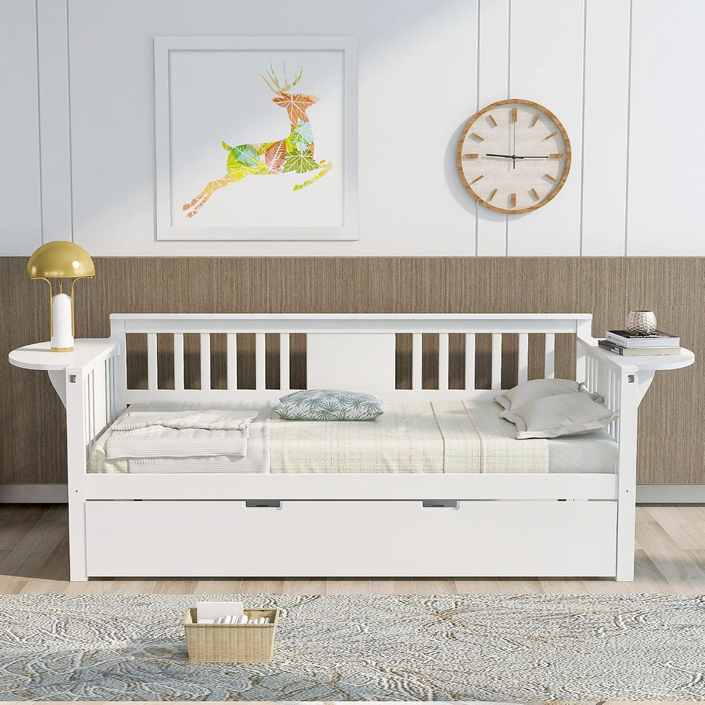 Twin Solid Wood Daybed and Trundle Frame Set with Headboard, Modern Sofa Bed with Tables/Rails for Bedroom Living Room (White+Tables)