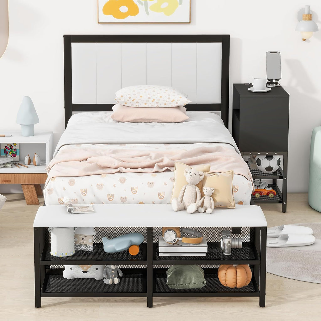 JIVOIT Twin Size Bed Frame, Metal Platform Bed with Two-Tier Storage Shelves, Wooden Storage Cabinet, Upholstered Headboard, Cushioned Footrest at Bed's End, No Box Spring Needed (Black/Twin,223)