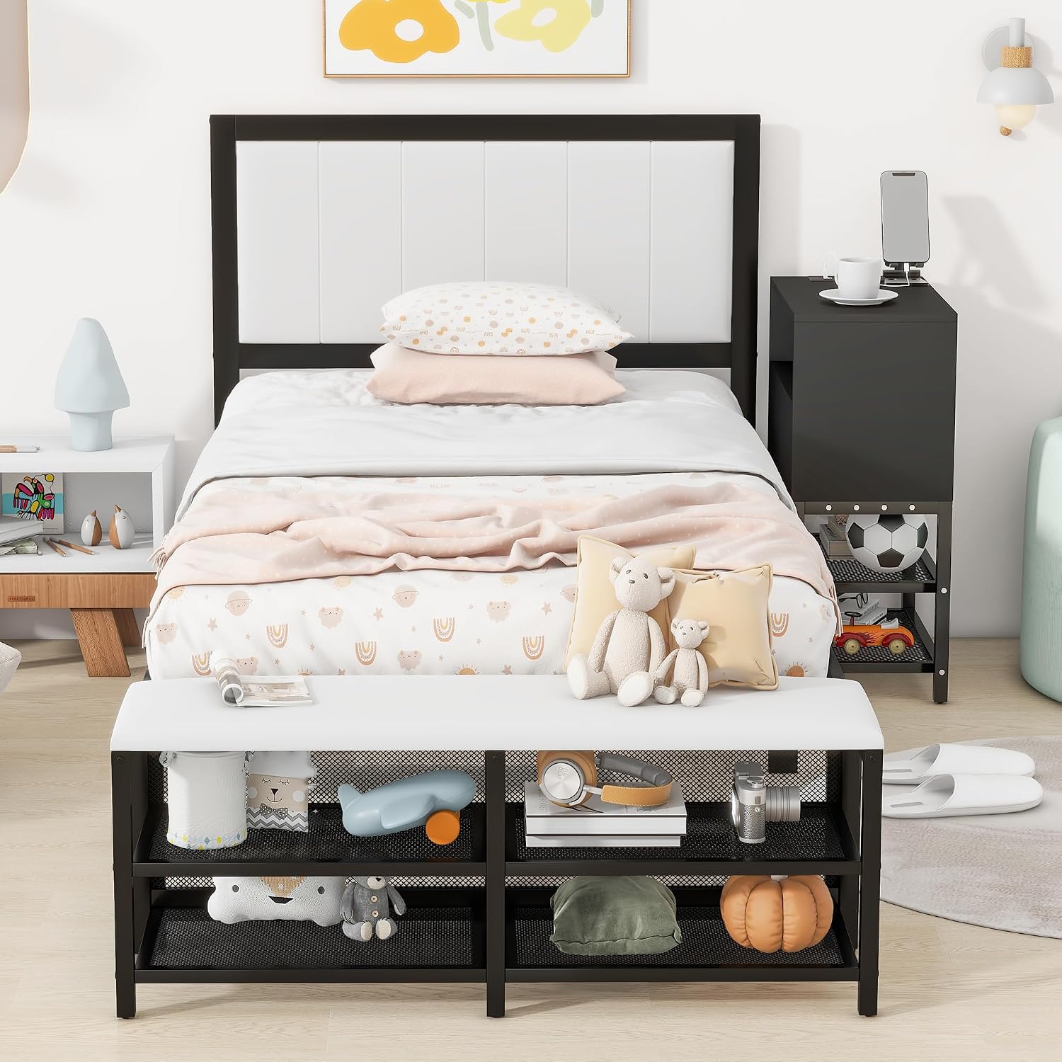 JIVOIT Twin Size Bed Frame, Metal Platform Bed with Two-Tier Storage Shelves, Wooden Storage Cabinet, Upholstered Headboard, Cushioned Footrest at Bed's End, No Box Spring Needed (Black/Twin,223)