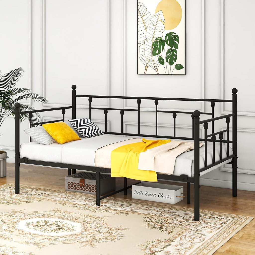 Metal Daybed Frame with Steel Slats Platform Furniture, Twin Size with Multifunctional Mattress Foundation, Black