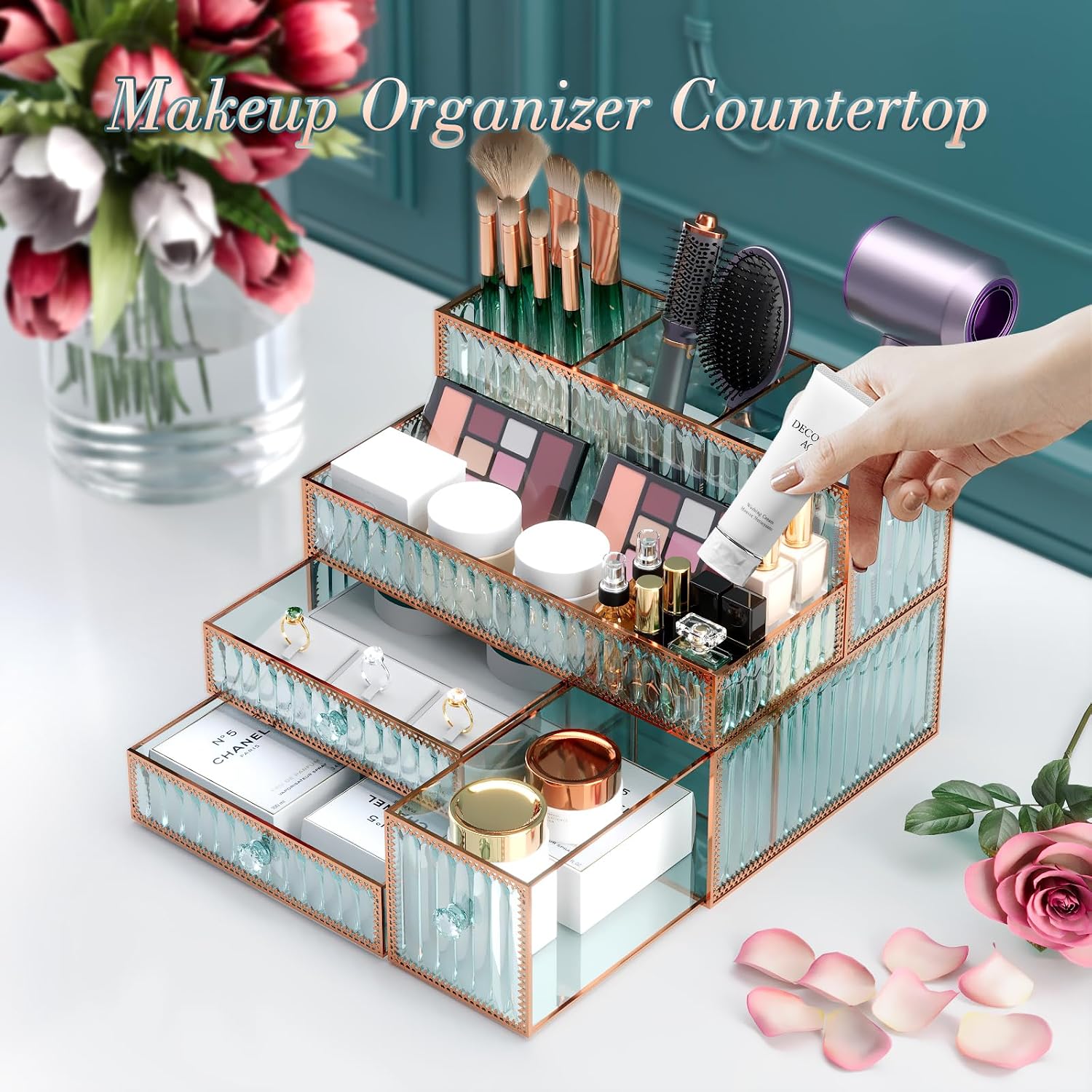 Youdepot 2-Piece Hair Tool and Jewelry Organizer Set – Tempered Glass Makeup, Jewelry, and Hair Styling Tool Storage for Vanity and Countertop – Elegant, Multipurpose Organizer for Home and Gift Use