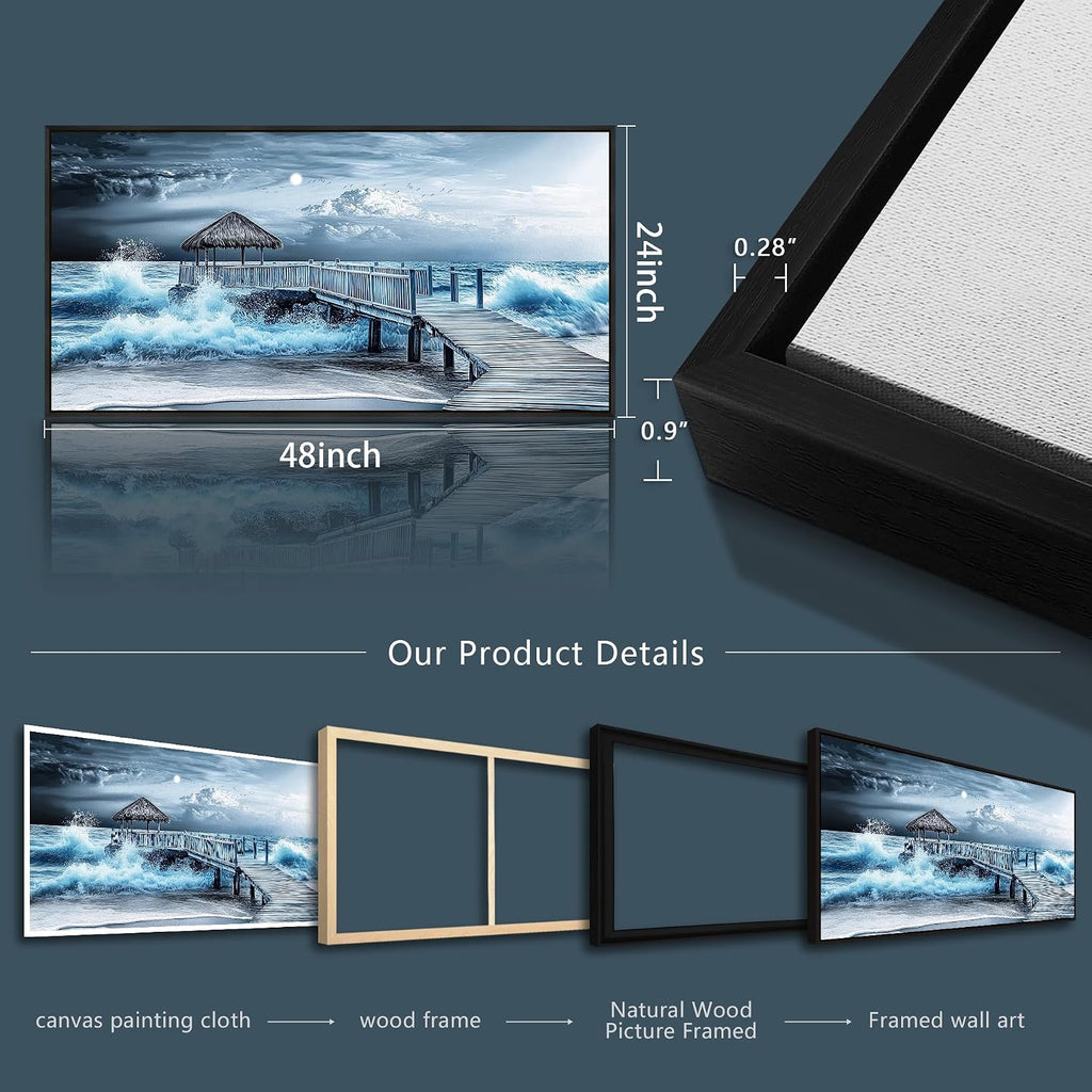 ERQINHUA Large Canvas Wall Decor For Living Room Wall Art For Bedroom Office Wall Decorations Black Frame Blue Wave Landscape Painting Artwork For Modern Stretched and Framed Beach Posters 24'X48'