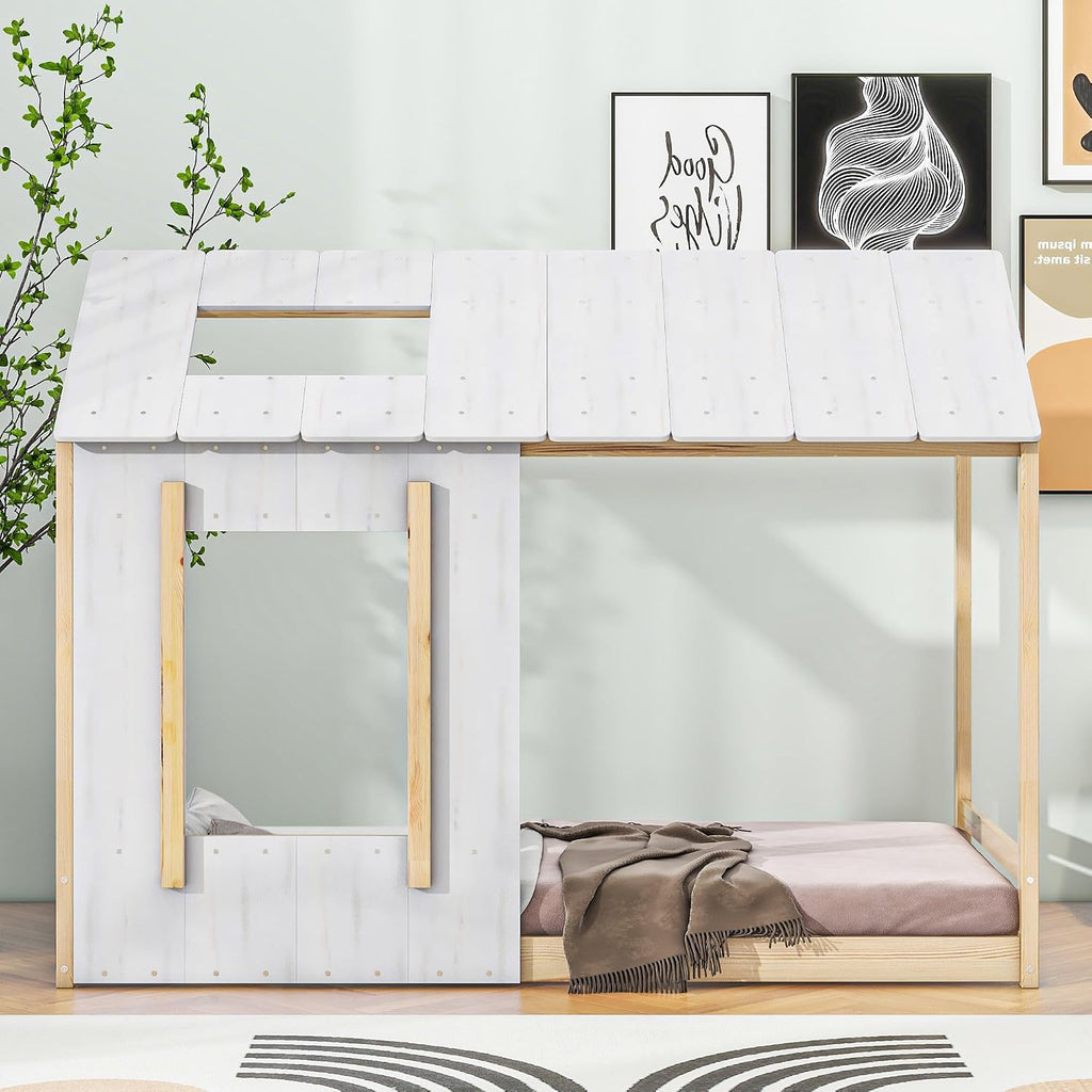 JIVOIT House Platform Bed with Roof and Window, Twin Size Kids House Bed Wood Bed Frame, Low Floor Bed for Toddler Kids Teens Boys Girls (Natural+Antique White)