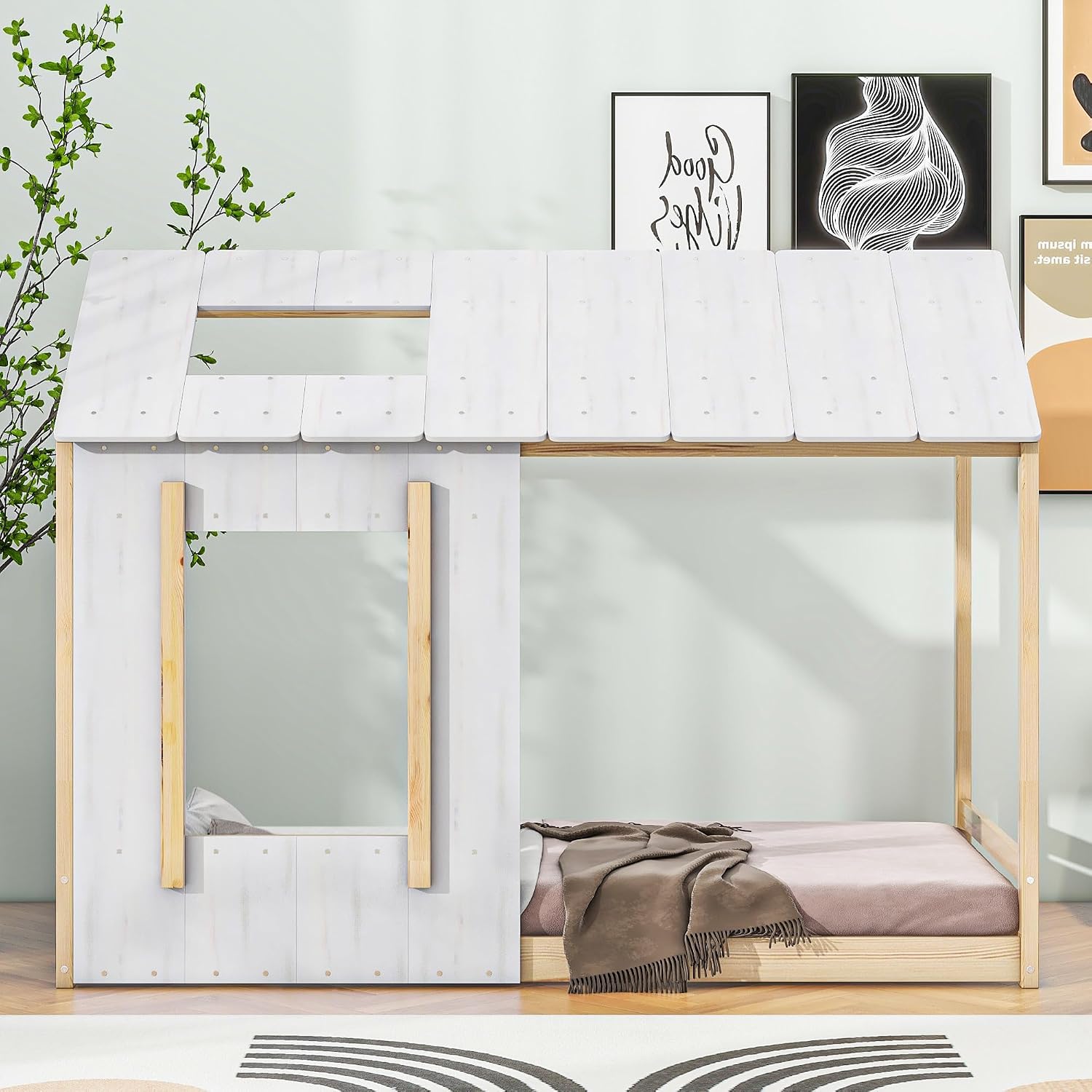 JIVOIT House Platform Bed with Roof and Window, Twin Size Kids House Bed Wood Bed Frame, Low Floor Bed for Toddler Kids Teens Boys Girls (Natural+Antique White)