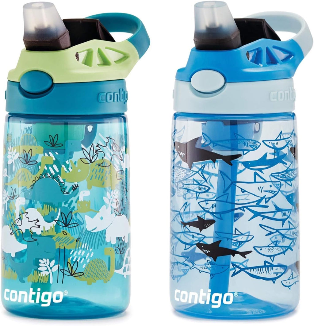Contigo Aubrey Kids Water Bottle,14oz,Dinos & Sharks,Spill-Proof Lid,Dishwasher Safe,Blue & Green,(Pack of 8)