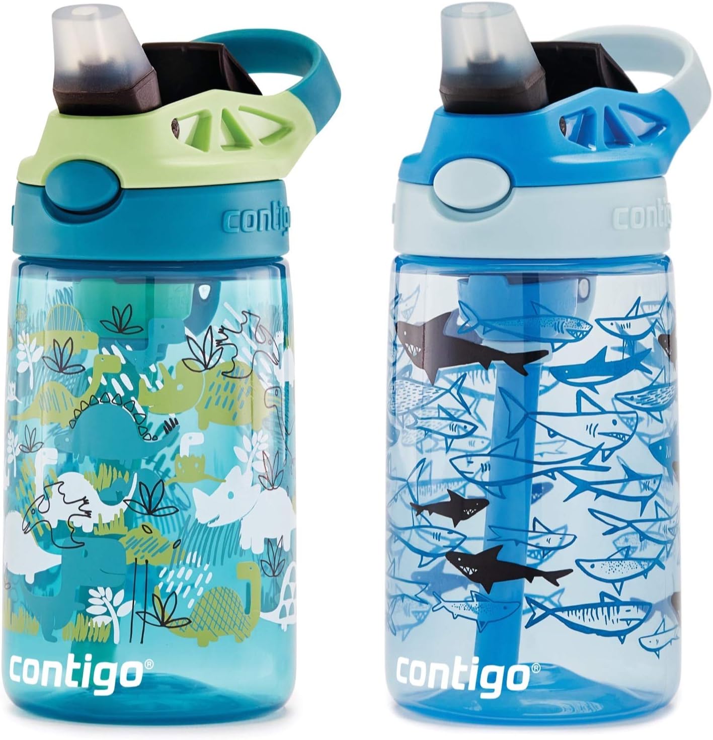 Contigo Aubrey Kids Water Bottle,14oz,Dinos & Sharks,Spill-Proof Lid,Dishwasher Safe,Blue & Green,(Pack of 8)