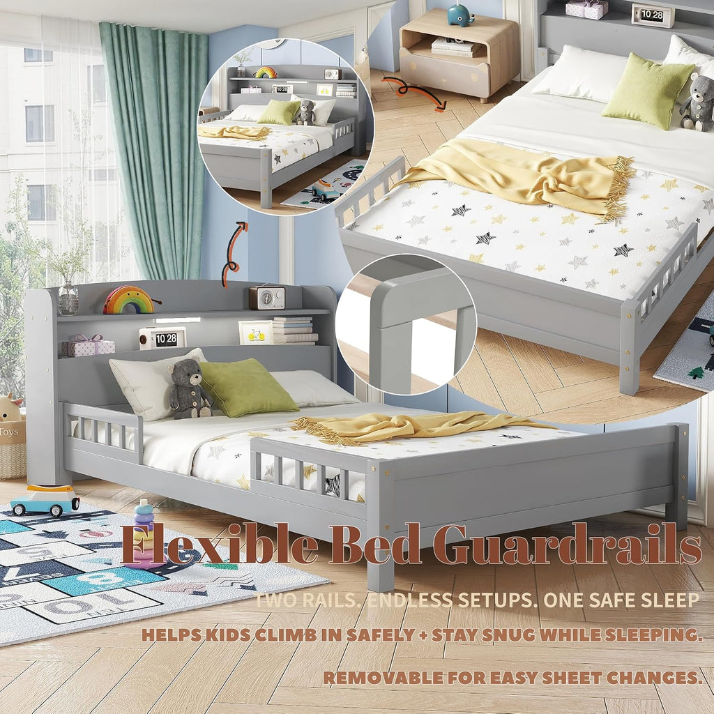 Full Size Bed Frame Kids with LED Motion Sensor Light & Guardrails, Full Size Kids Bed with Storage Bookcase, No Box Spring Needed, Easy Assembly, Grey