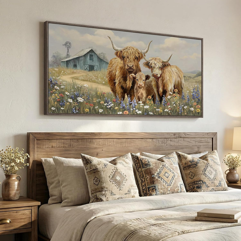 Large Framed Highland Cow Wall Art for Living Room, Vintage Neutral Farmhouse Canvas Prints, Rustic Country Barn Wall Decor for Bedroom Dining Room Hallway 30x60 Inch