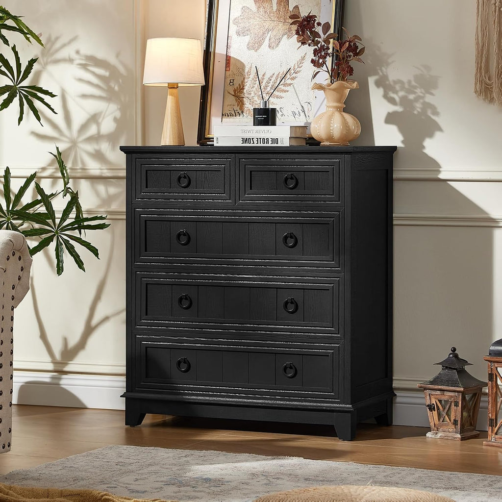 Joaxswe Farmhouse 5 Drawer Dresser for Bedroom Set of 2, 33.2' Tall Small Dressers & Chest of Drawers, Rustic Wood Dresser with Metal Handle, Storage Organizer Closet for Living Room, Hallway,Entryway