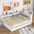 Full Size Platform Bed with L-Shaped Storage Shelfs and Bookcases, Pine Wood Day Bed with 2 Storage Drawers for Office/Living Room/Bedroom, Maximize Space (White)
