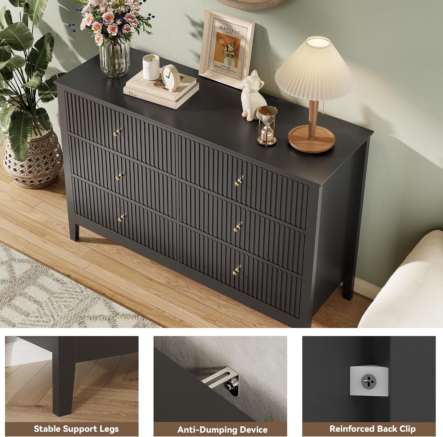 Black Dresser for Bedroom, 6 Drawers Fluted Chest of Drawers with Storage, Modern 47'' Wide Dresser with Paint Design, Wood Drawer Organizer Dressers for Entryway, Hallway