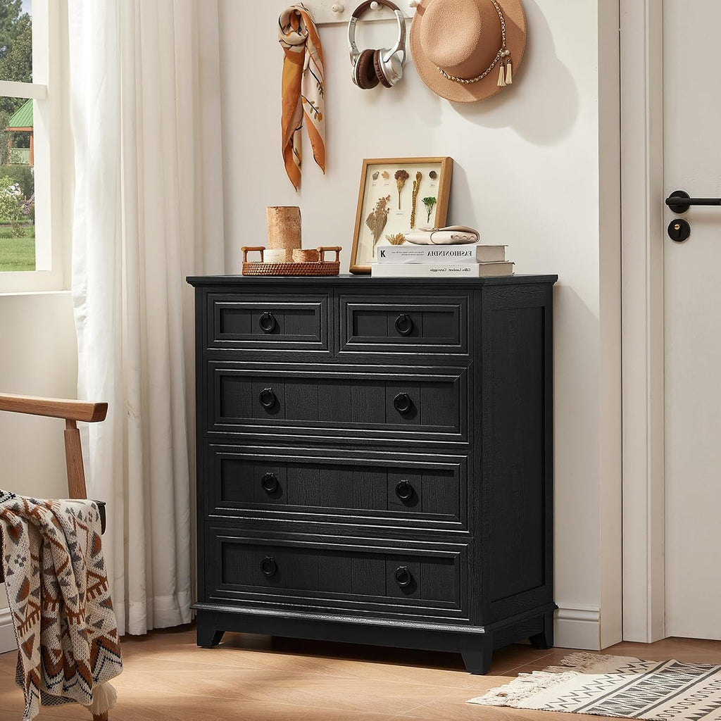 Joaxswe Farmhouse 5 Drawer Dresser for Bedroom Set of 2, 33.2' Tall Small Dressers & Chest of Drawers, Rustic Wood Dresser with Metal Handle, Storage Organizer Closet for Living Room, Hallway,Entryway
