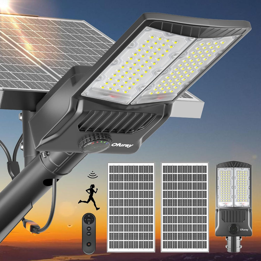 Ofuray Of-8800W Solar Street Lights Outdoor,IP67 Solar Security Flood Lights Parking Lot Commercial with Motion Sensor, 6500k Led Dusk to Dawn with Remote Control for Street,Park,Barn