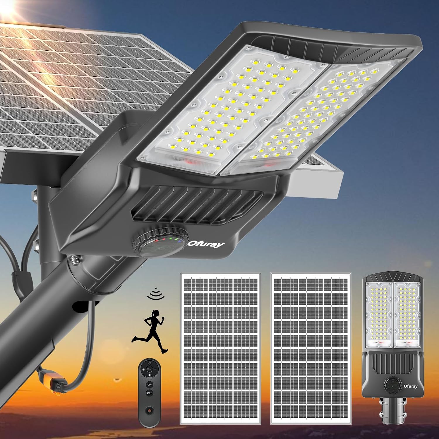 Ofuray Of-8800W Solar Street Lights Outdoor,IP67 Solar Security Flood Lights Parking Lot Commercial with Motion Sensor, 6500k Led Dusk to Dawn with Remote Control for Street,Park,Barn