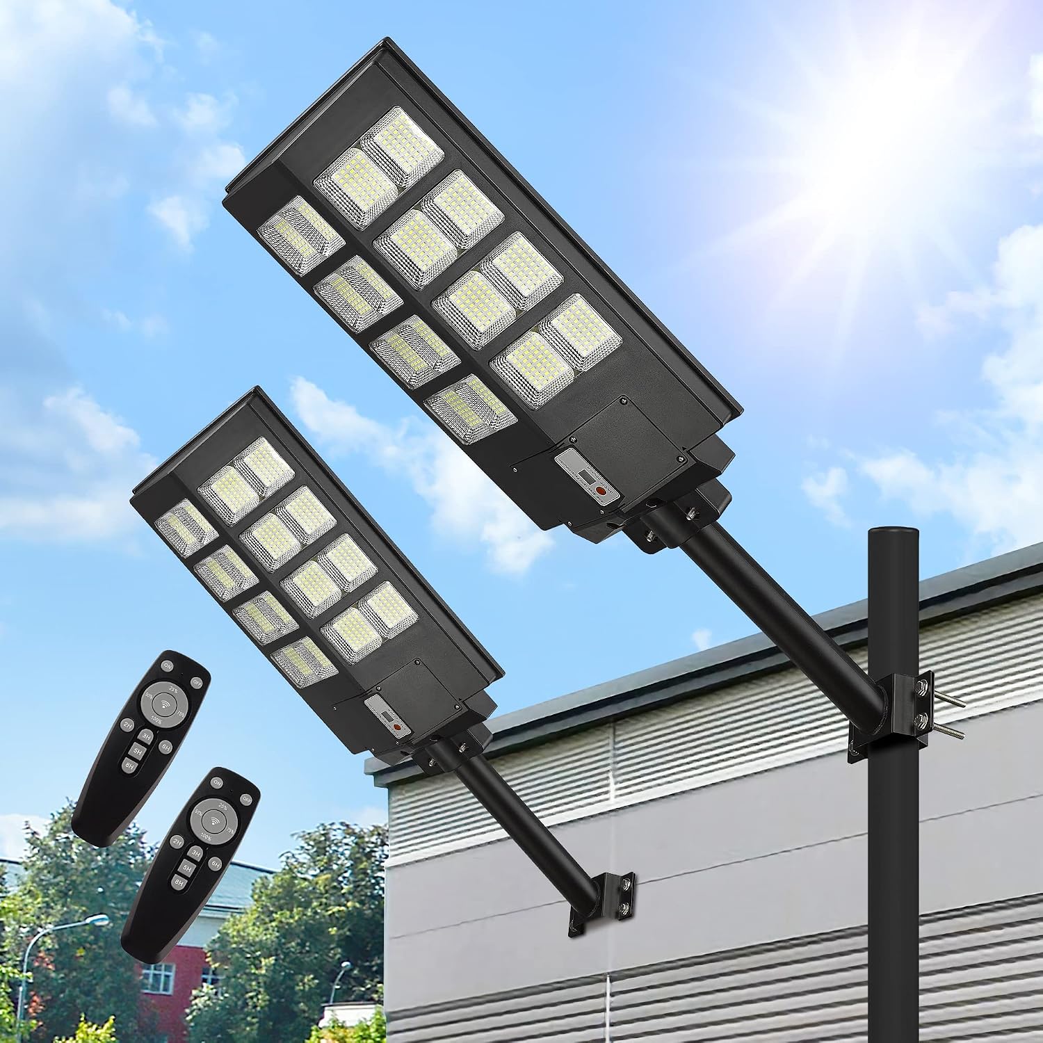 Lovus 2Pack LED Solar Street Lights Outdoor, 8000W 800000LM Parking Lot Lights Dusk to Dawn with Motion Sensor, Commercial Flood Security Light Solar Powered for Garage